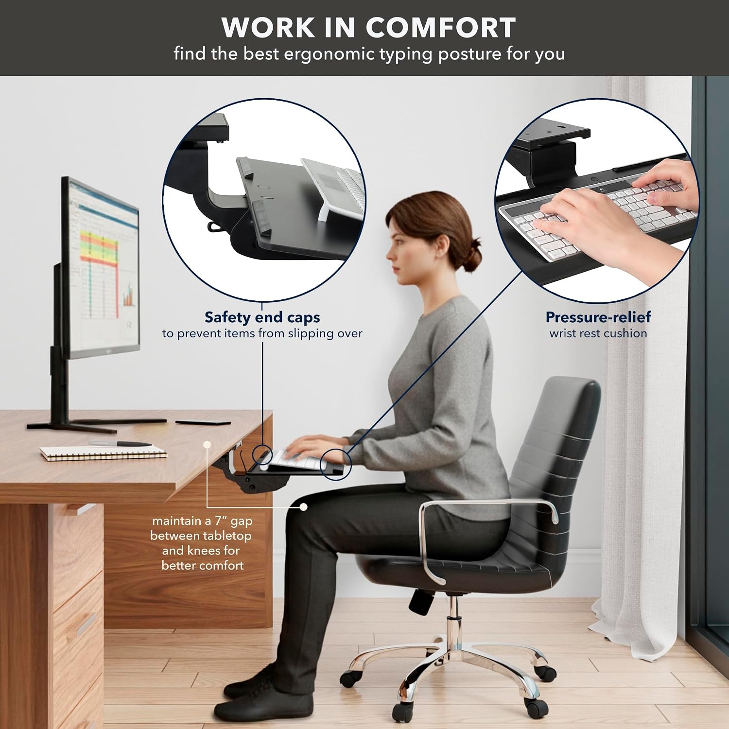 Mount-It! Under Desk Keyboard Tray, Adjustable Slide-Out Keyboard & Mouse Platform, 26.38" W × 10" D, Ergonomic Wrist Rest, Height Tilt & Swivel