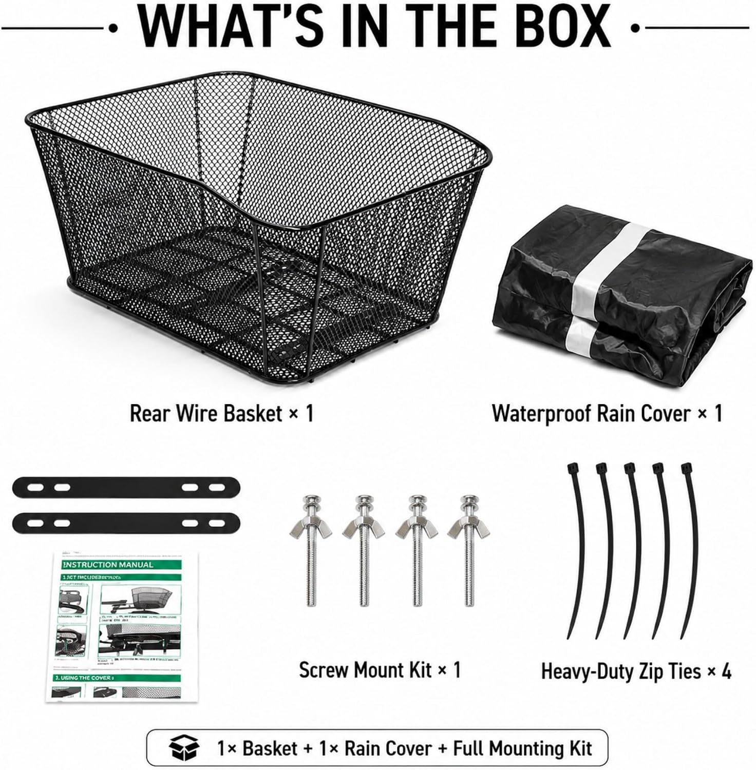 Rear Bike Basket with Rain Cover, Heavy-Duty Wire Cargo Rack | Suits most bicycles, ideal for commuting & shopping, easy mount