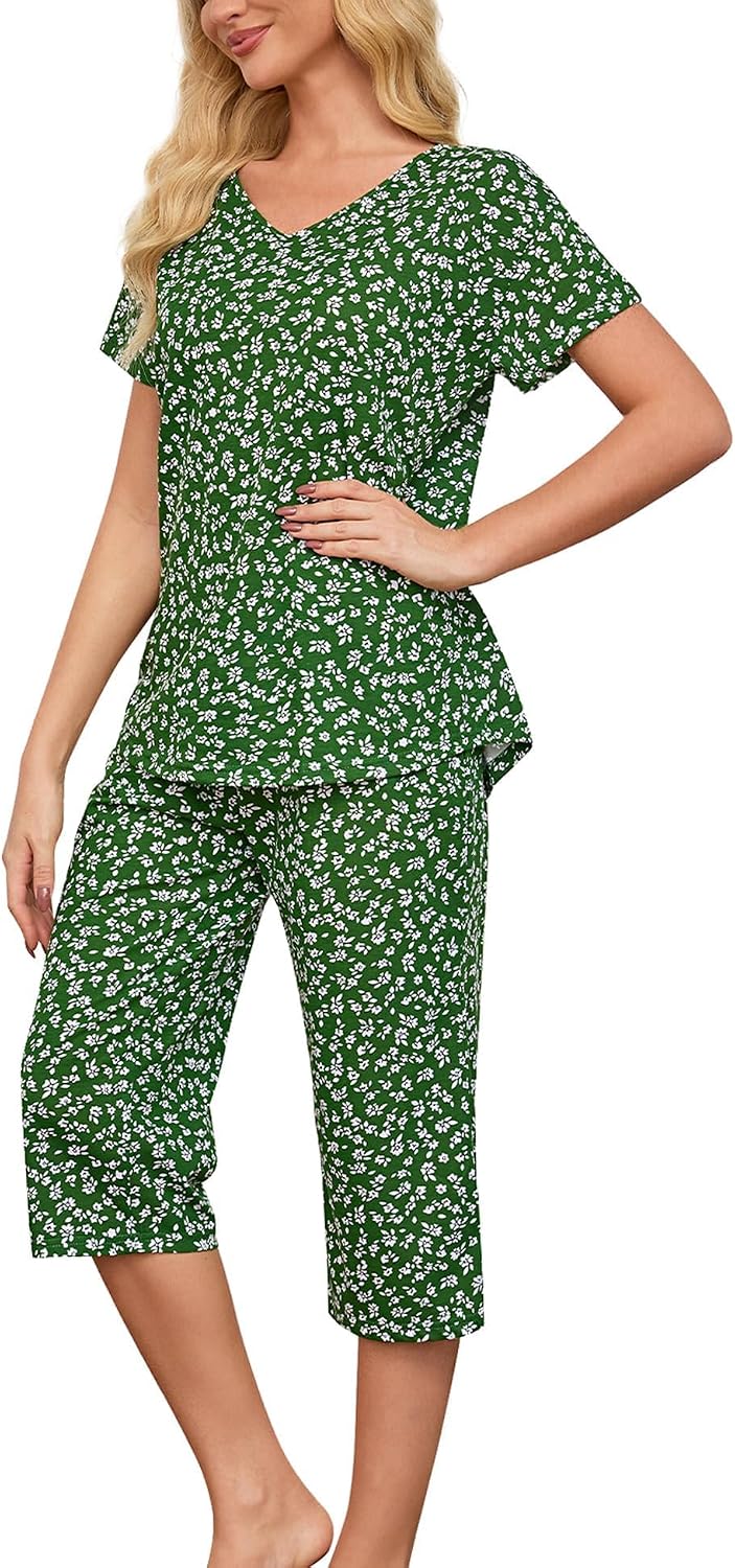 ENJOYNIGHT Womens Pajama Set Cotton Short Sleeve Top With Capri Pants Pj