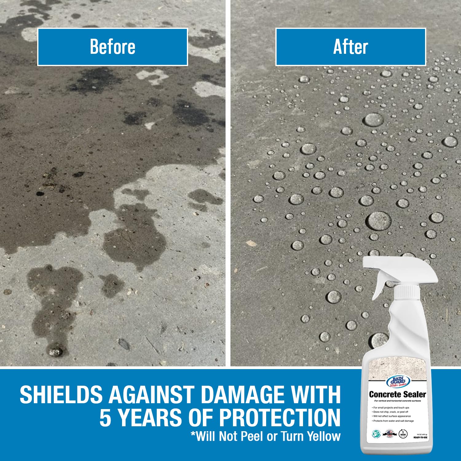 Rain Guard Concrete Sealer 5 Gallon | Ready to Use | Natural Finish | Deep Penetrating Protection Against Water and Salt Damage for All Concrete Surfaces | Silane/Siloxane Waterproofer | Ready To Use, Natural Finish, Clear, Deep Penetrating Protection Ag…