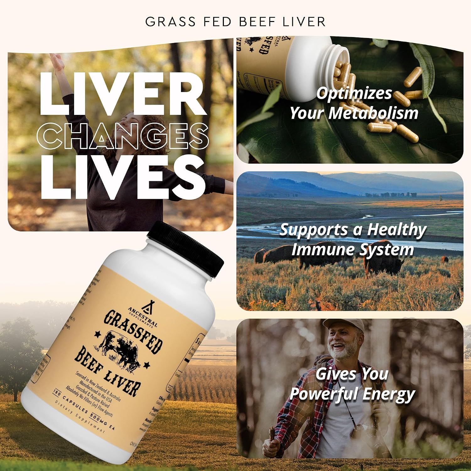 Ancestral Supplements Beef Liver Support Capsules, Iron & Energy, 180 Ct | Freeze-dried, Non-GMO Liver Rich in Heme Iron, Vitamin A & B12; Grass-fed, Desiccated, Vital Liver Support, Natural Liver