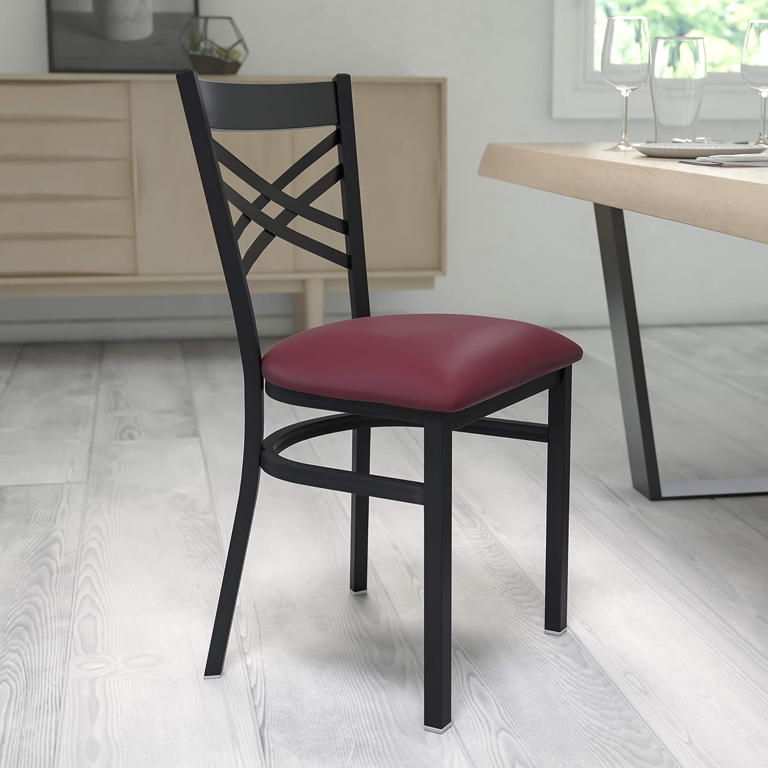 Flash Furniture Hercules Series "X" Back Metal Restaurant Chairs, Modern Upholstered Armless Dining Chairs for Restaurants/Kitchens, Set of 2, Black