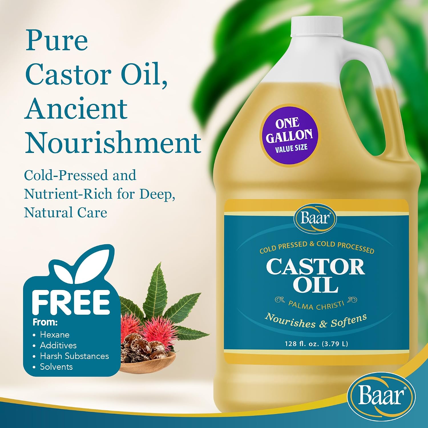 Baar Cold-Pressed Castor Oil, Cold-Processed, Hexane-Free, Palma Christi, for Skin, Hair, Massage & Castor Oil Packs, BPA-Free Bottle, 32 oz | Hexane free, Palma Christi oil, BPA-free bottle, skin, hair and massage applications