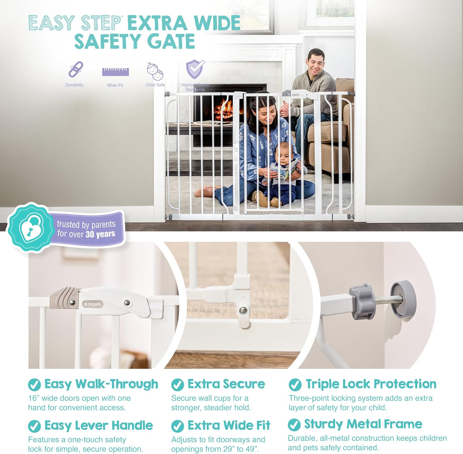 Regalo Safety 29"-49" Extra Wide Baby Gate, Bottom of Stairs & Doorways | Pressure Mounted with Door, For Babies, Toddlers & Pets, White, Tested & Trusted for 30 Years