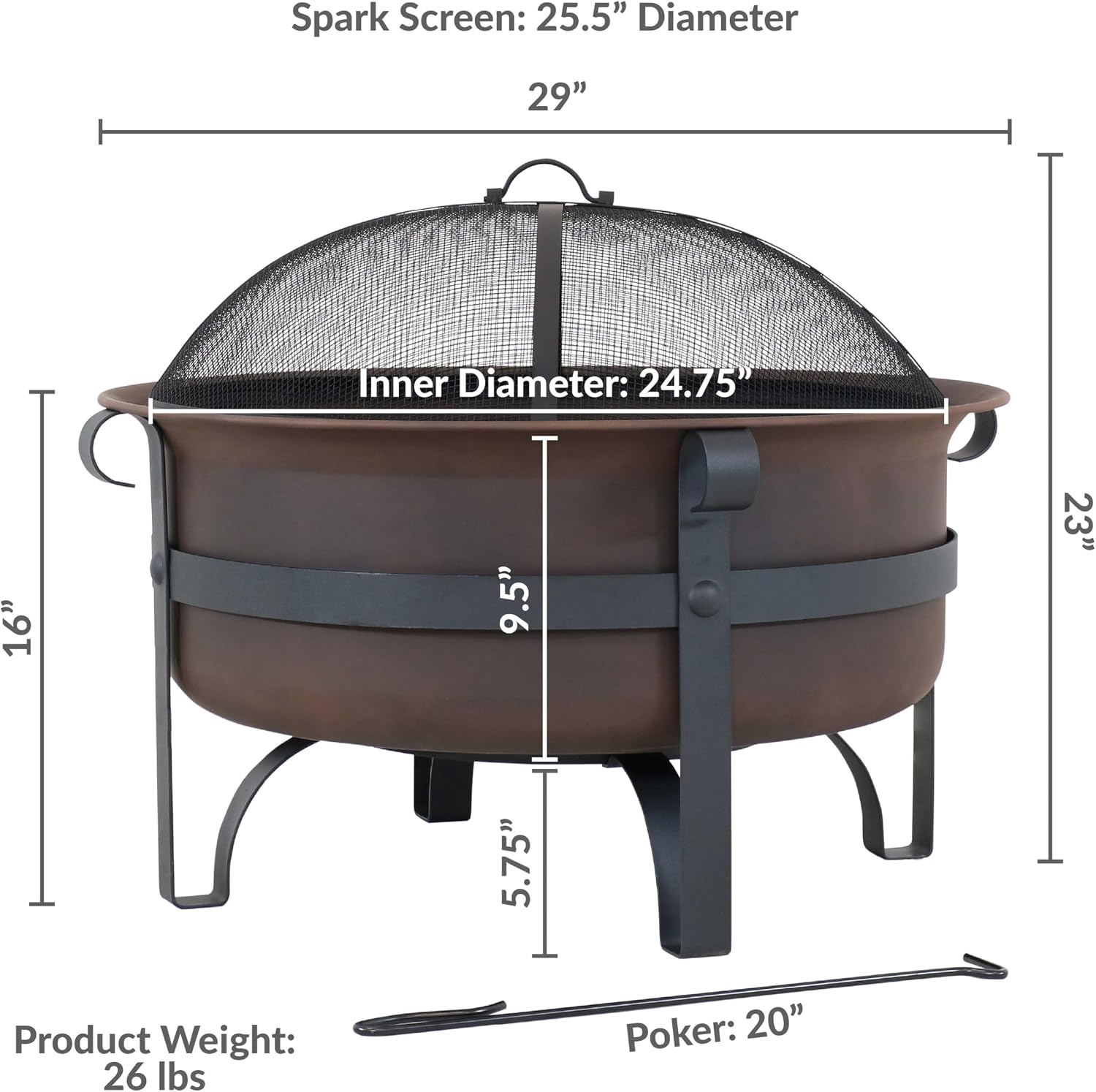 Sunnydaze Round Patio Fire Pit for Outside Wood Burning, Dark Bronze, 29"