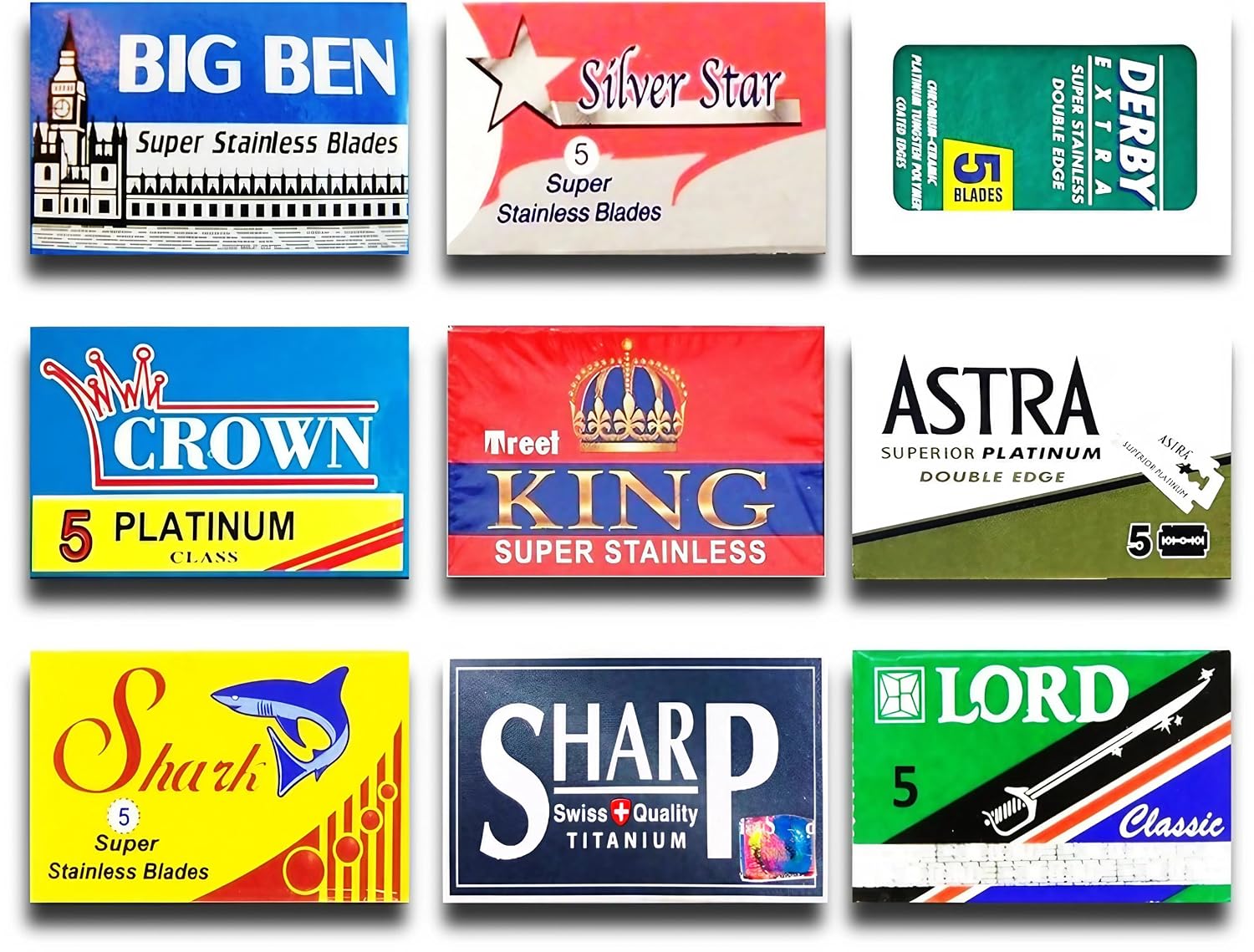 Razor Blades Club - Astra-Derby-Shark-Lord-Treet-Sharp-Big Ben 50 Quality Double Edge Razor Blades Sampler (9 different brands)