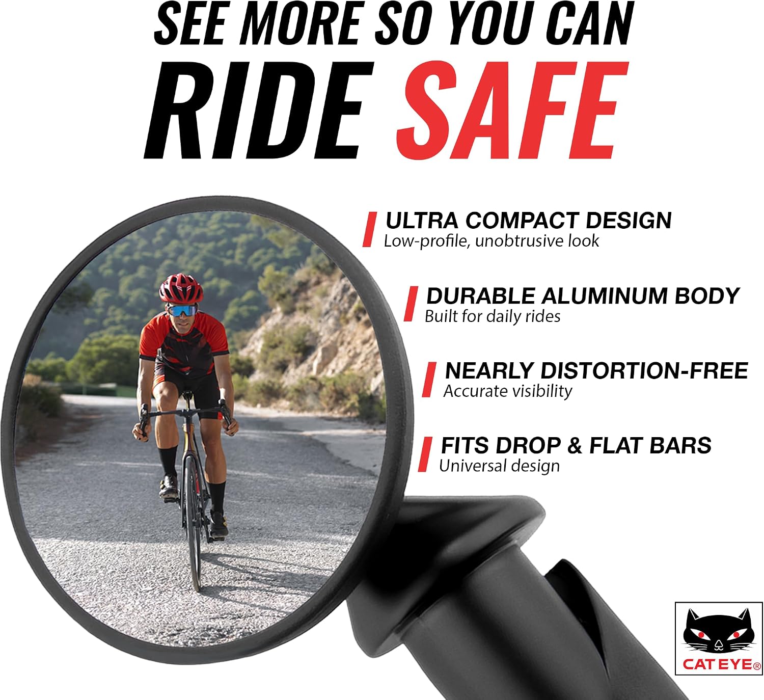 CATEYE BM-45 Bar End Mirror | Road, MTB and Gravel Bikes, Durable Aluminum with Scratch-Resistant Glass, Visibility and Safety for Cyclists