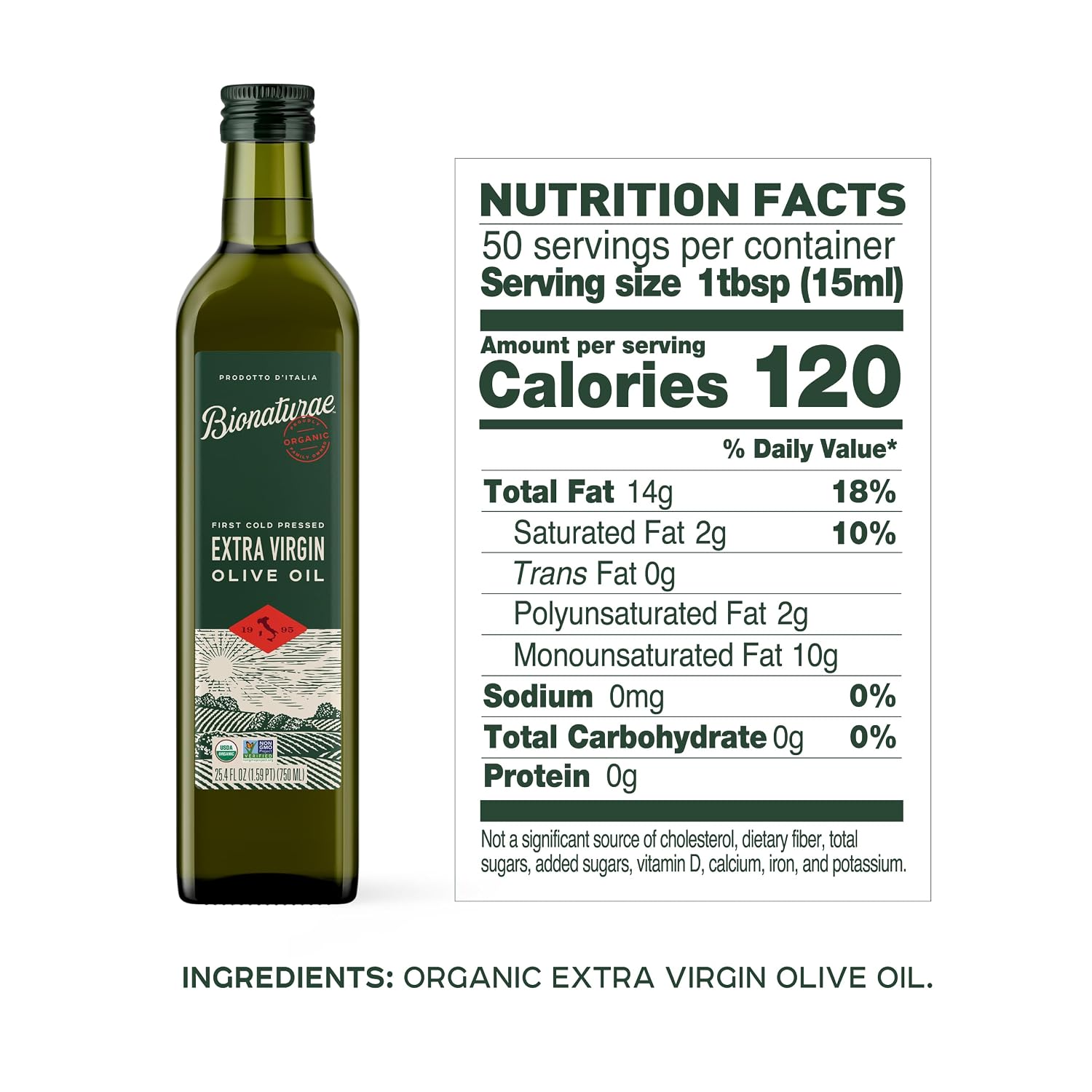Bionaturae Extra Virgin Olive Oil - Organic Olive Oil, Non-GMO, USDA Certified Organic, Recyclable Glass, 100% Authentic Italian Olive Oil, Made in Italy - 17 Fl Oz