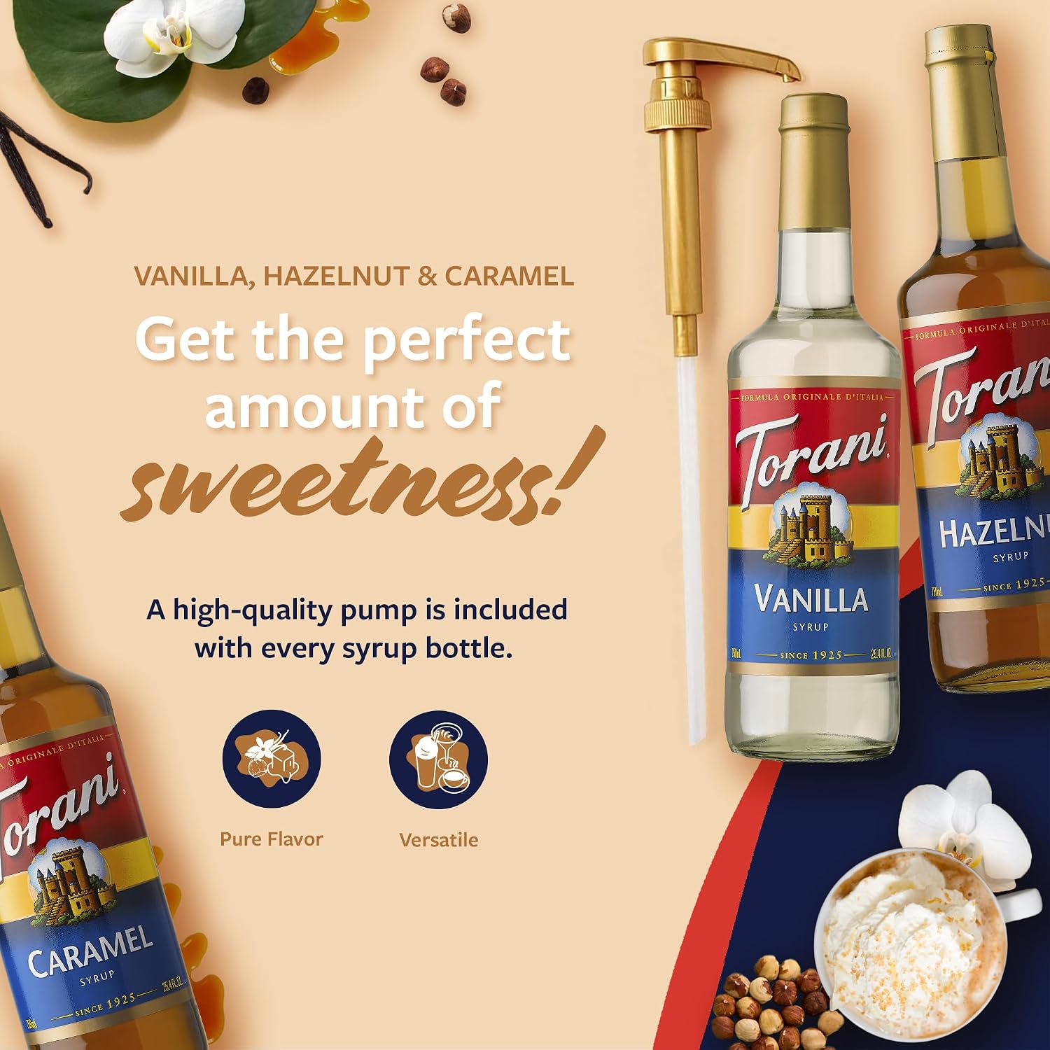 Torani Coffee Syrup, Vanilla, Caramel, and Hazelnut Variety 3-Pack, Flavoring for Drinks, Pumps Included, 25.4 Fl Oz Ea