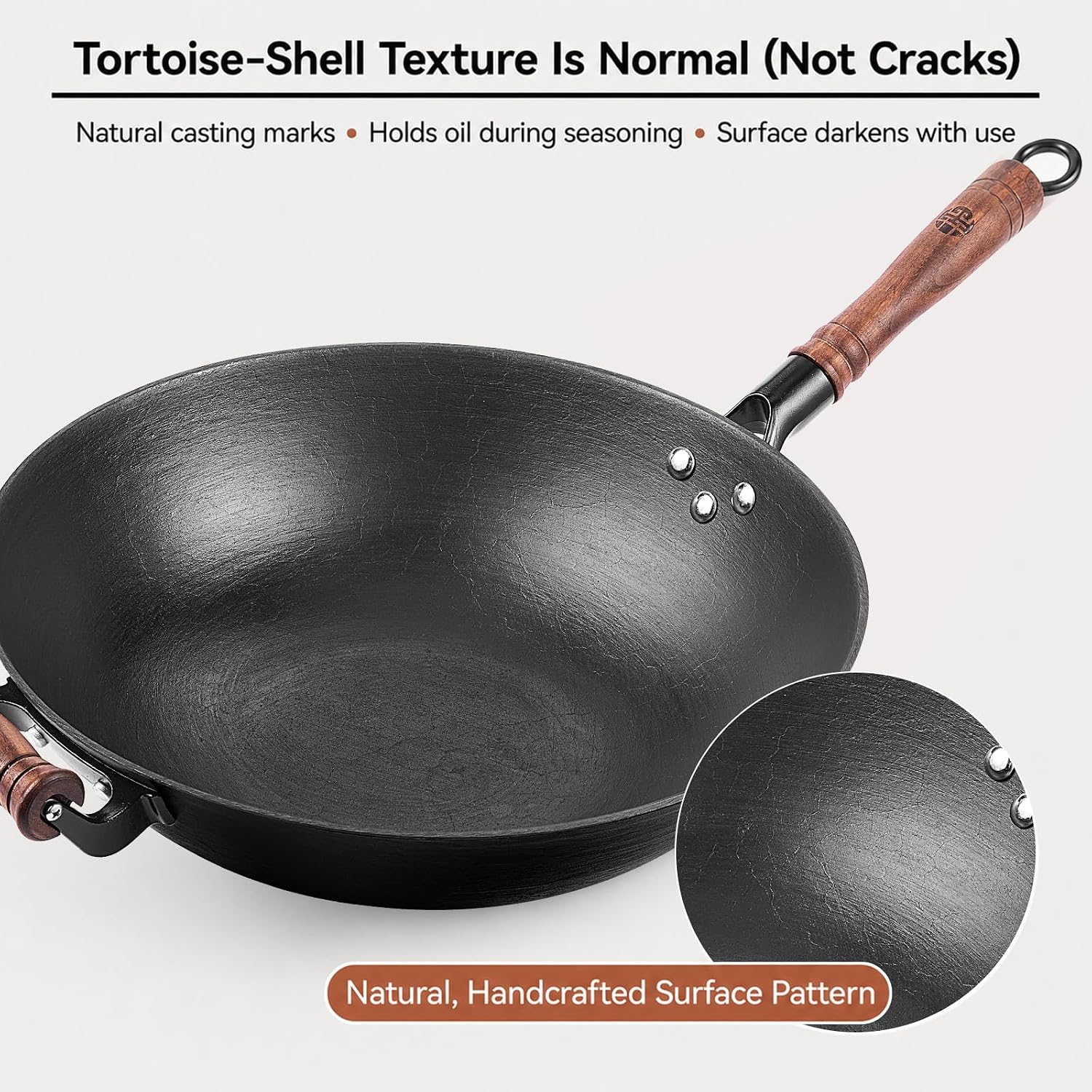 WANGYUANJI 12.6 Inch Cast Iron Wok with Wooden Lid, Handcrafted Flat Bottom Chinese Stir Fry Pan, Uncoated Heavy-Duty Iron Wok for Induction, Gas