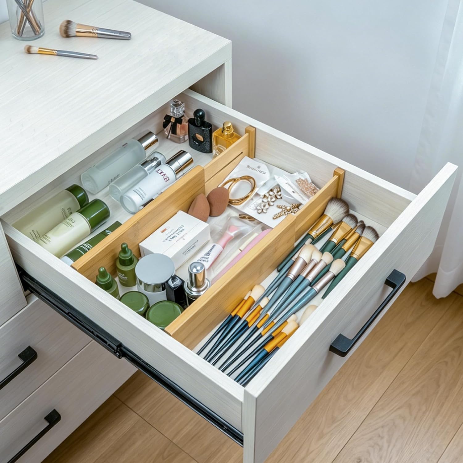 Utoplike 4 Pcs Bamboo Kitchen Drawer Dividers, Large Drawers Organizers | Adjustable Spring Loaded Expandable Organization, Works in Dresser, Bathroom, Bedroom, Office, Fit 17.8"-20.6" Drawer, 2.4"H