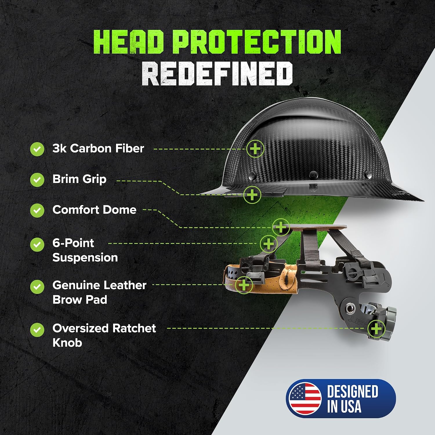 LIFT SAFETY Dax Carbon Fiber Full Brim Hard Hat | Safety/Construction Helmet w/ 6 Point Suspension for Comfort & Impact Protection