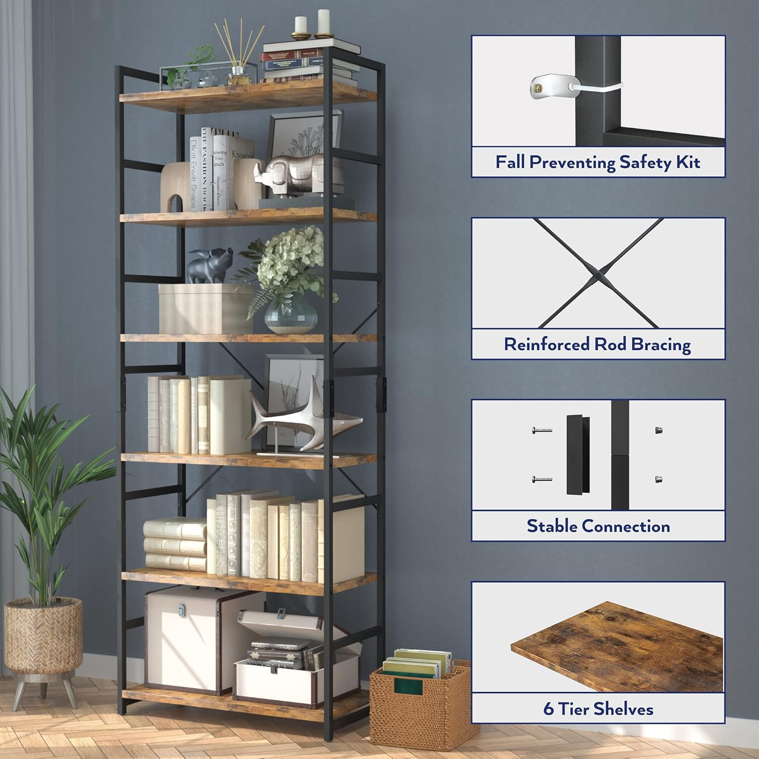 NUMENN 5 Tier Bookshelf, Tall Freestanding Open Storage Bookcase, Vintage