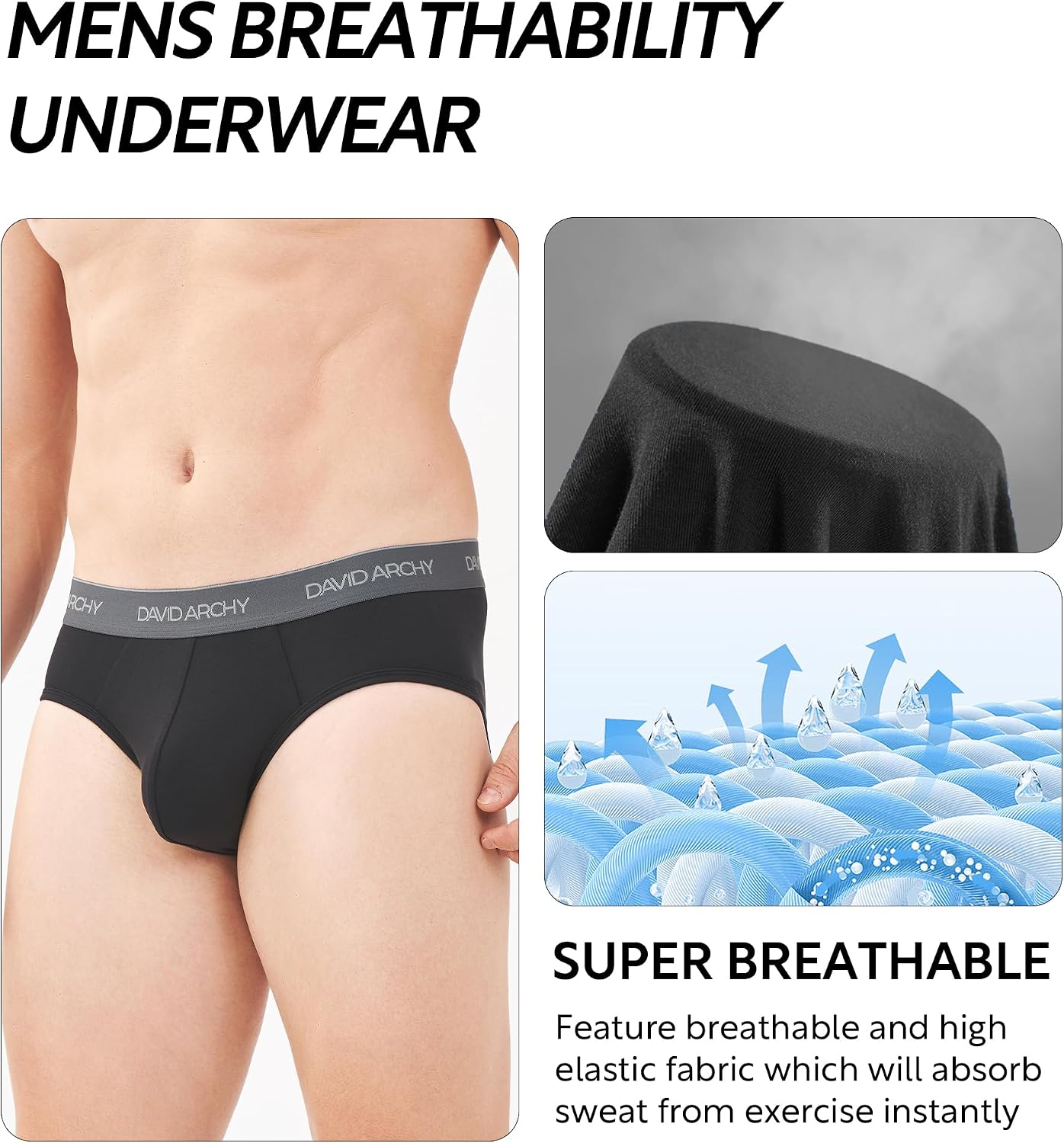 DAVID ARCHY Men's Breathable Support Pouch Underwear Briefs 4 or 7 Pack | Cooling moisture-wicking no-fly Rayon made from bamboo features anti-roll elastic waistbands and vibrant fade resistance.