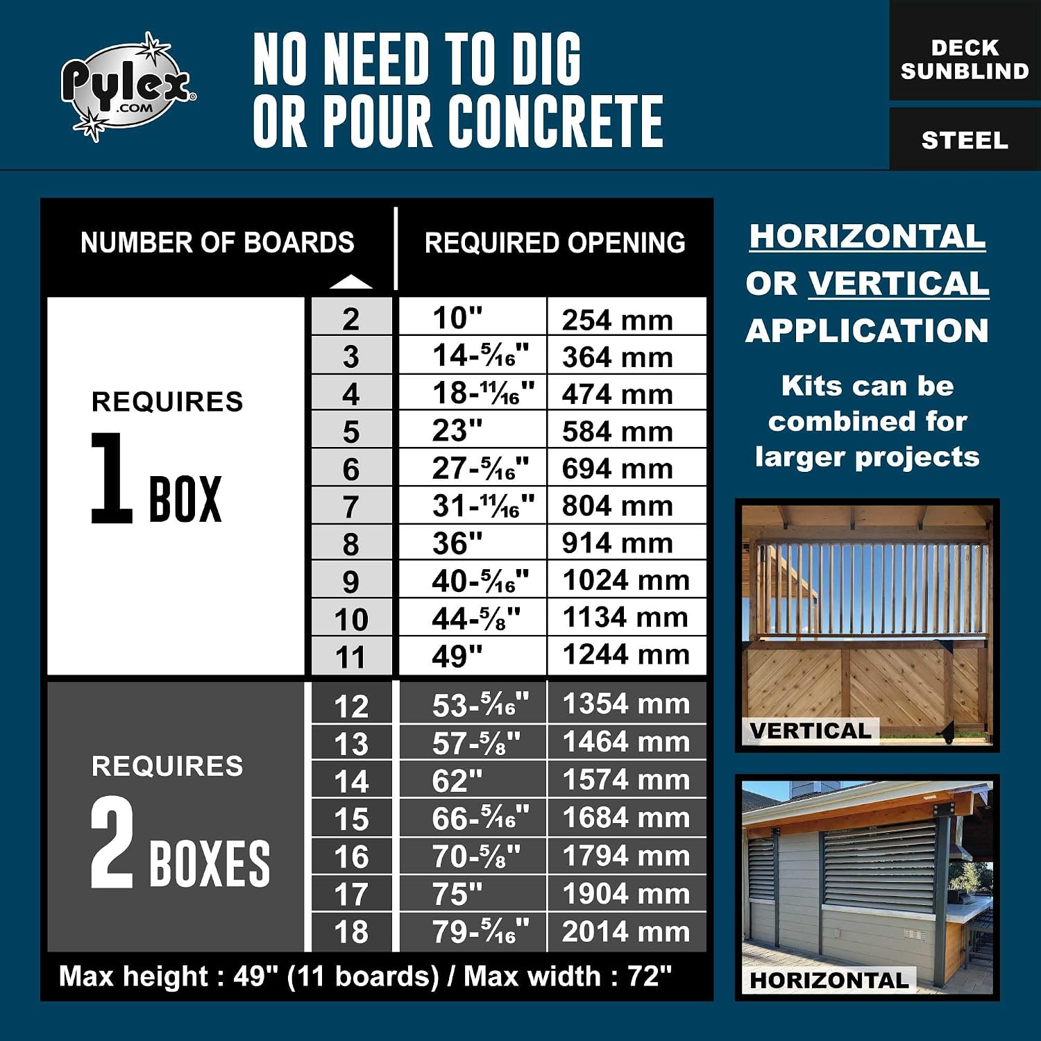 Pylex Deck Sunblind System 11060, Louvers Bracket Shutter Hardware Kit, Up to 11 Boards (48'') - Black Steel Baked Powder Coating Brackets