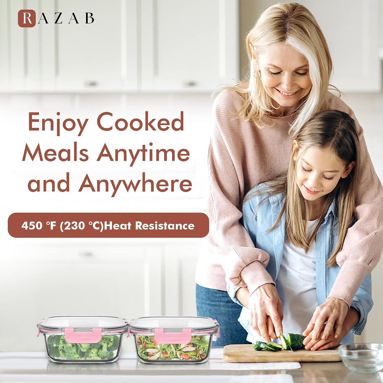 Razab 2 PC 1200ML / 41 Oz Glass Food Storage Containers with Lids - Airtight & Leakproof - Microwave/Oven/Freezer Safe - BPA Free - Ideal for Meal