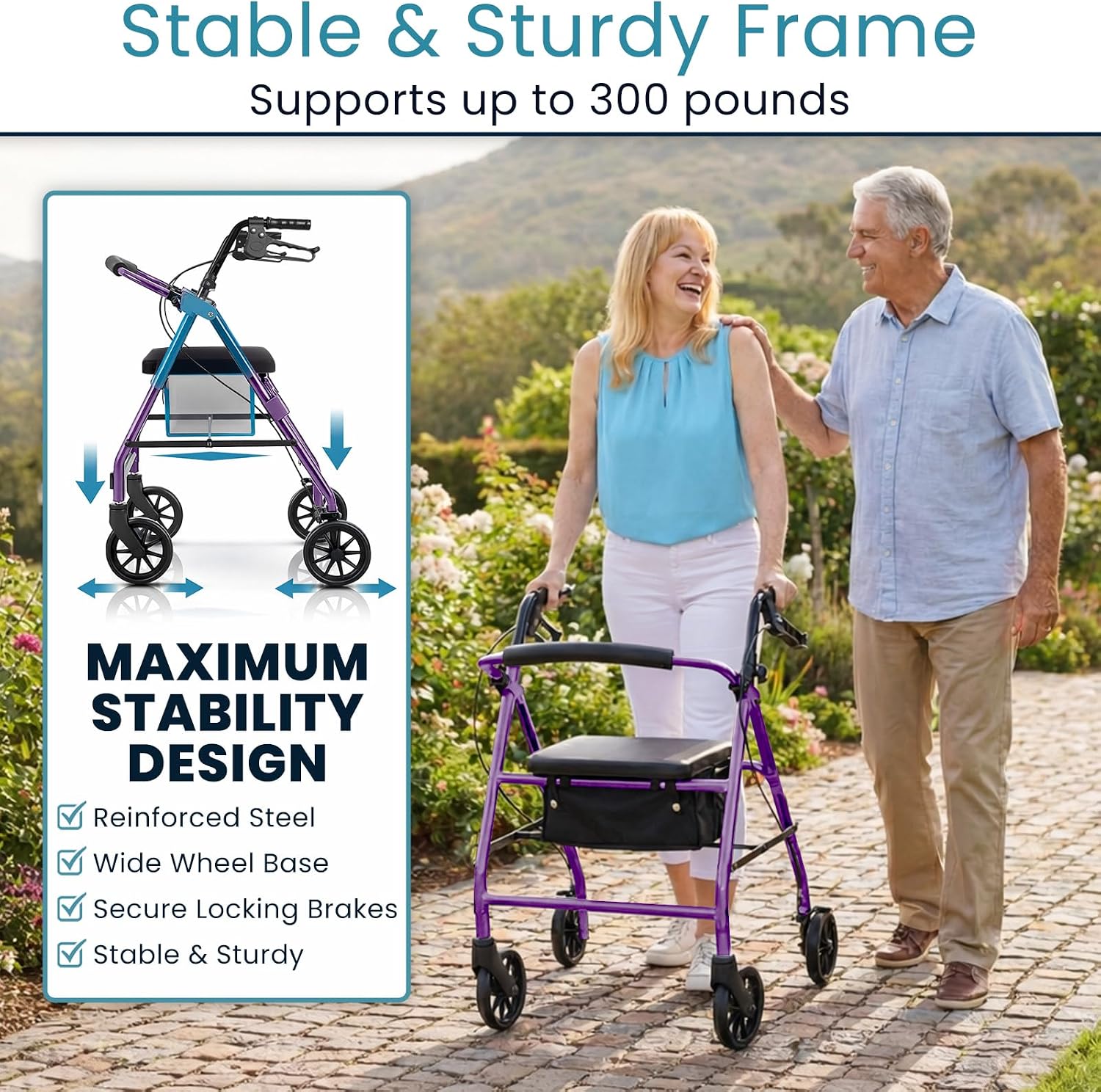 Vive Mobility Steel Rollator Walker with Seat - Foldable, Narrow