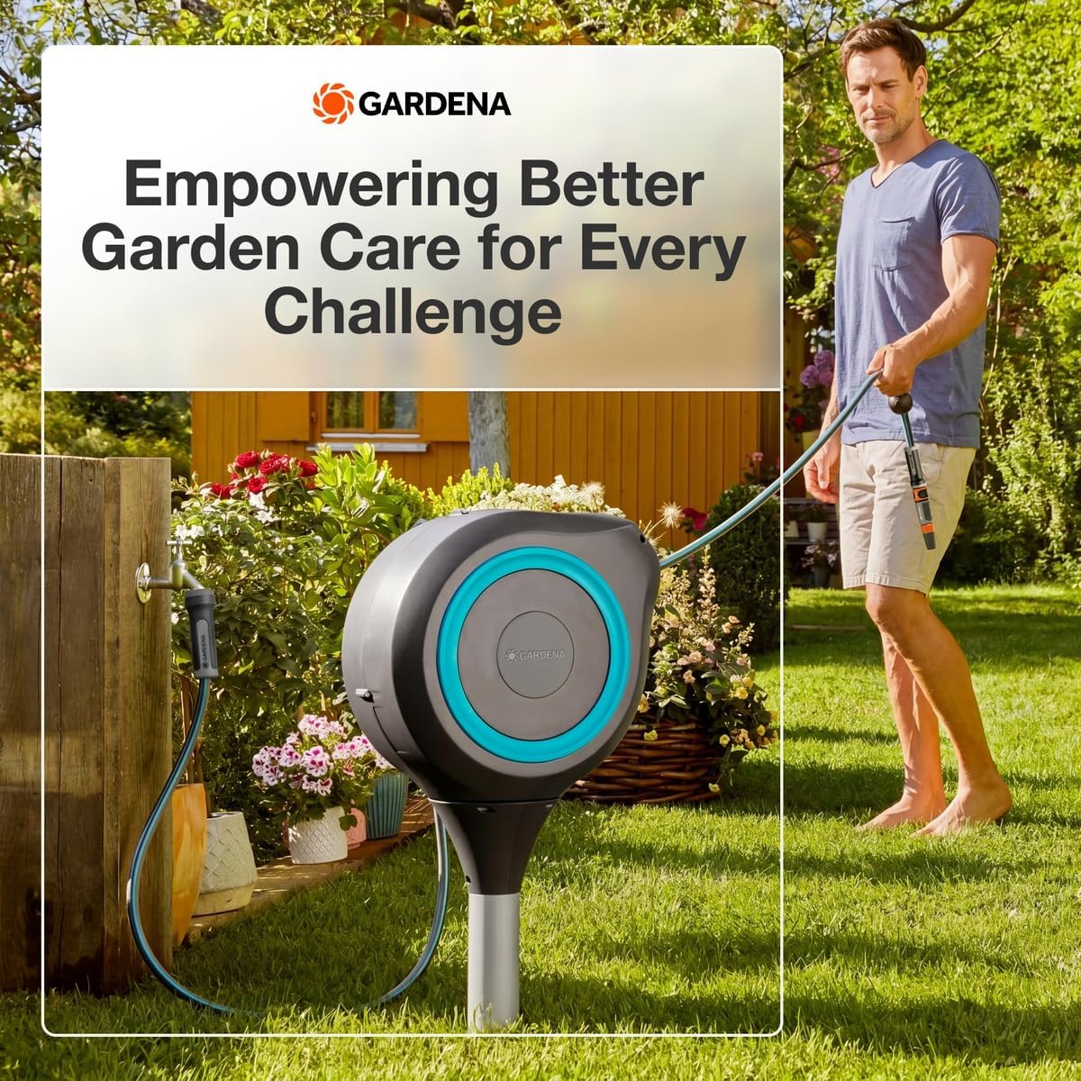 GARDENA Automatic Retractable Garden Hose Reel - 50 Feet - 360 Degree Swivel Outdoor Hose Reel with Metal Spike Base - Auto Retract - UV Resistant