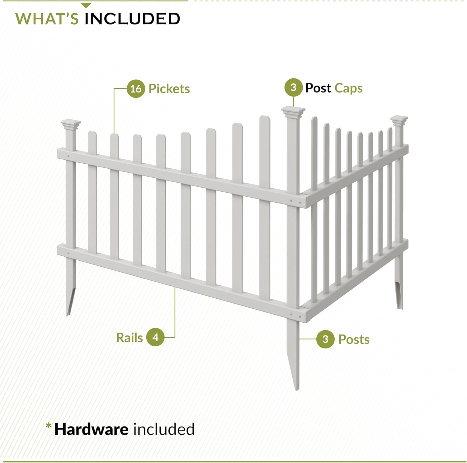 Zippity Ashley Corner Picket Fence, White Vinyl DIY No Dig Kit | 30inH x 40inW, 2 Panels, Garden Border Fencing, ZP19007
