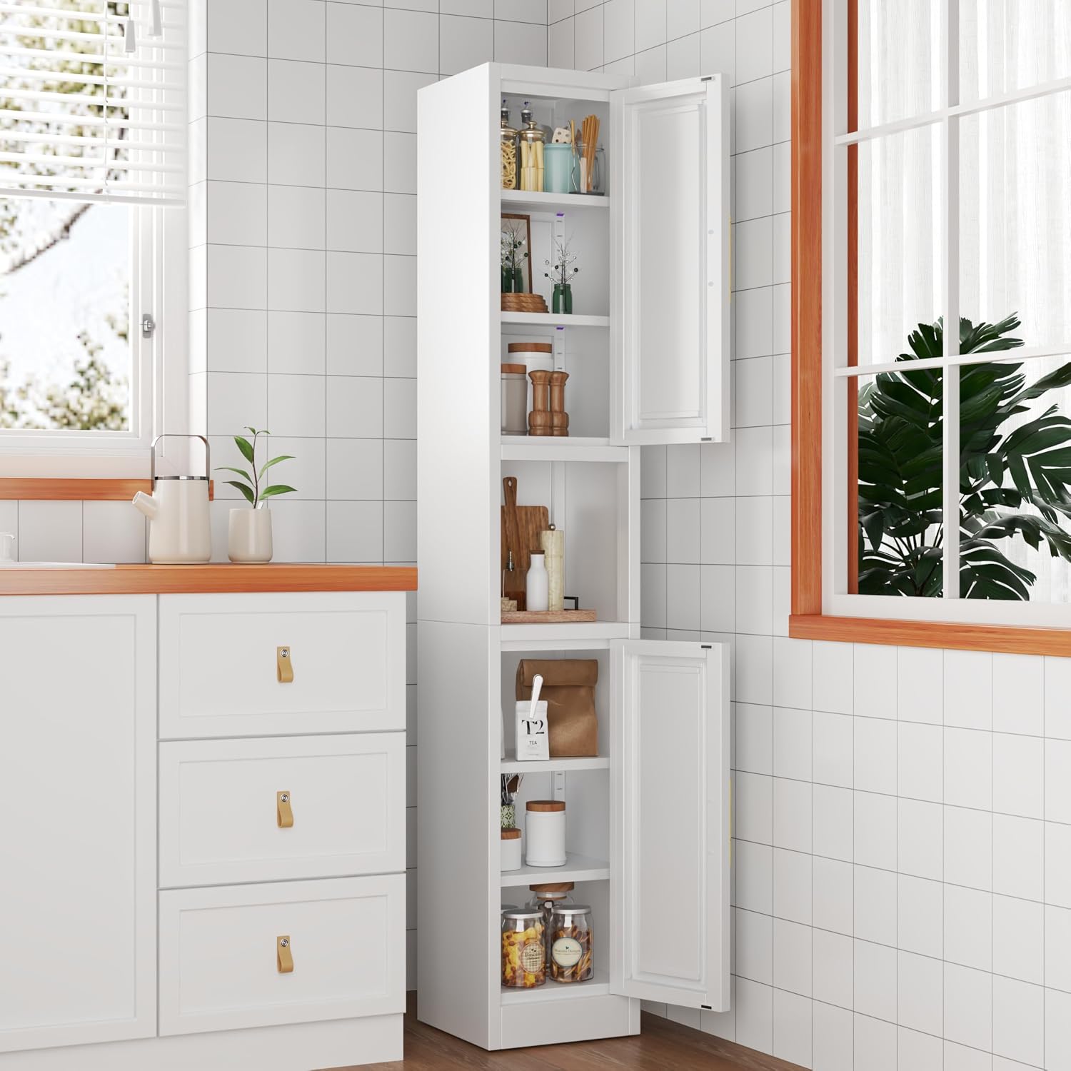 Ckzbx Tall Narrow Storage Cabinet 66.93" H Tall Bathroom Cabinet Metal Pantry Cabinets, 4 Adjustable Shelves for Kitchen, Home Office, Living Room, Dinning Room (20 inches Wide White)