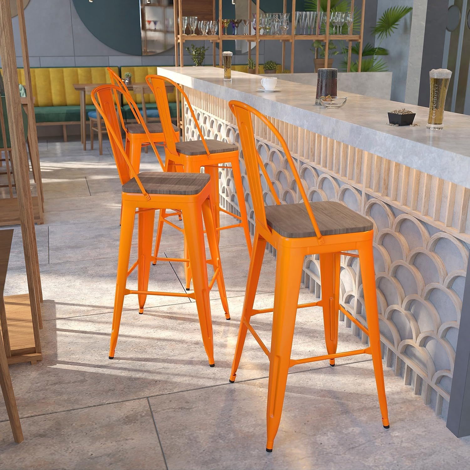 Flash Furniture 30 in Metal Barstool with Back, Blue | Commercial Grade, Removable Back, Indoor/Outdoor Use