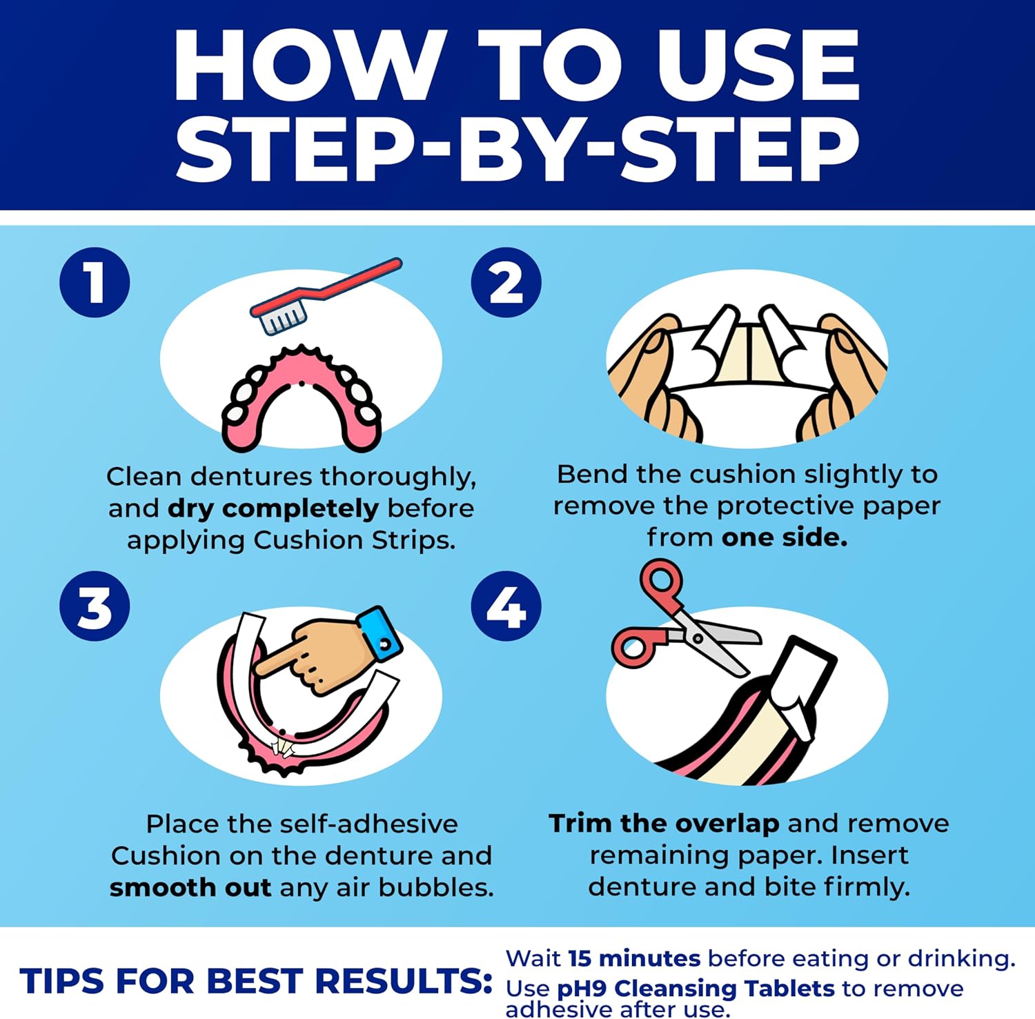 Secure Denture Adhesive Strips for Lowers, Zinc Free Glue, 15 Strips | Waterproof - Comfortable Cushion Fit for Lowers - Extra Firm All-Day Hold - No Mess - Clean Ingredients