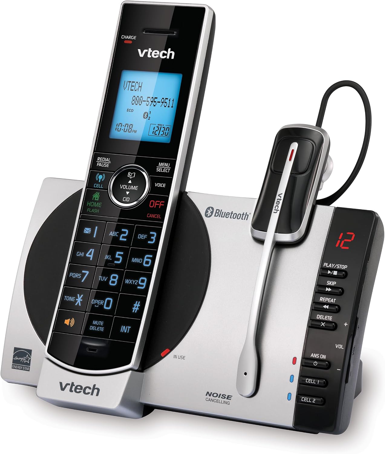 VTech DS6771-3 Connect to Cell, Cordless Phone with Answering Machine, DECT 6.0 Headset+2 Handset Intercom, Bluetooth, Caller ID/Call Waiting, Expandable System - Silver/Black