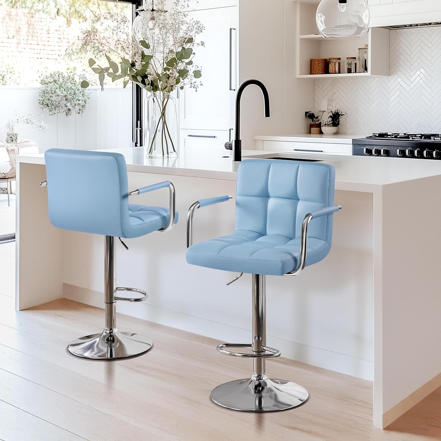 Yaheetech Bar Stools Set of 2, Swivel with Backs, Adjustable Height, White | 360° Swivel Barstools Feature Padded PU Leather Seats, Supportive Backs, 300 lb Capacity for Kitchen Islands