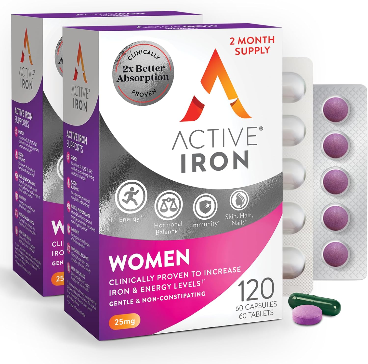 Active Iron Supplement 25mg + Multivitamin for Women, Gentle on Stomach