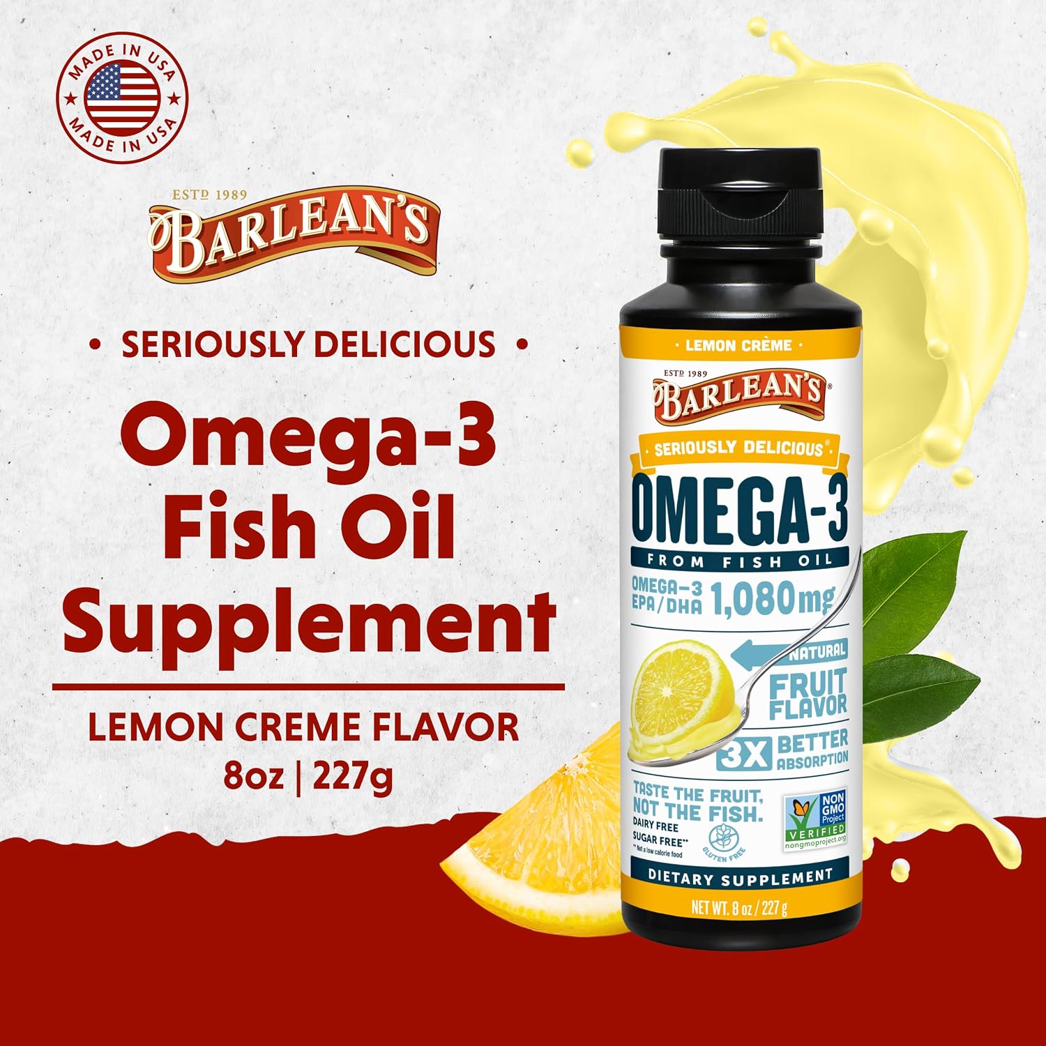Barlean's Mango Peach Omega-3 Fish Oil, Vitamin D, 1080mg EPA & DHA, 8oz | Wild-caught fish oil plus vitamin D, EPA DHA omega-3, Burpless, Non-GMO, Gluten-free, Heart, brain, bone & immune