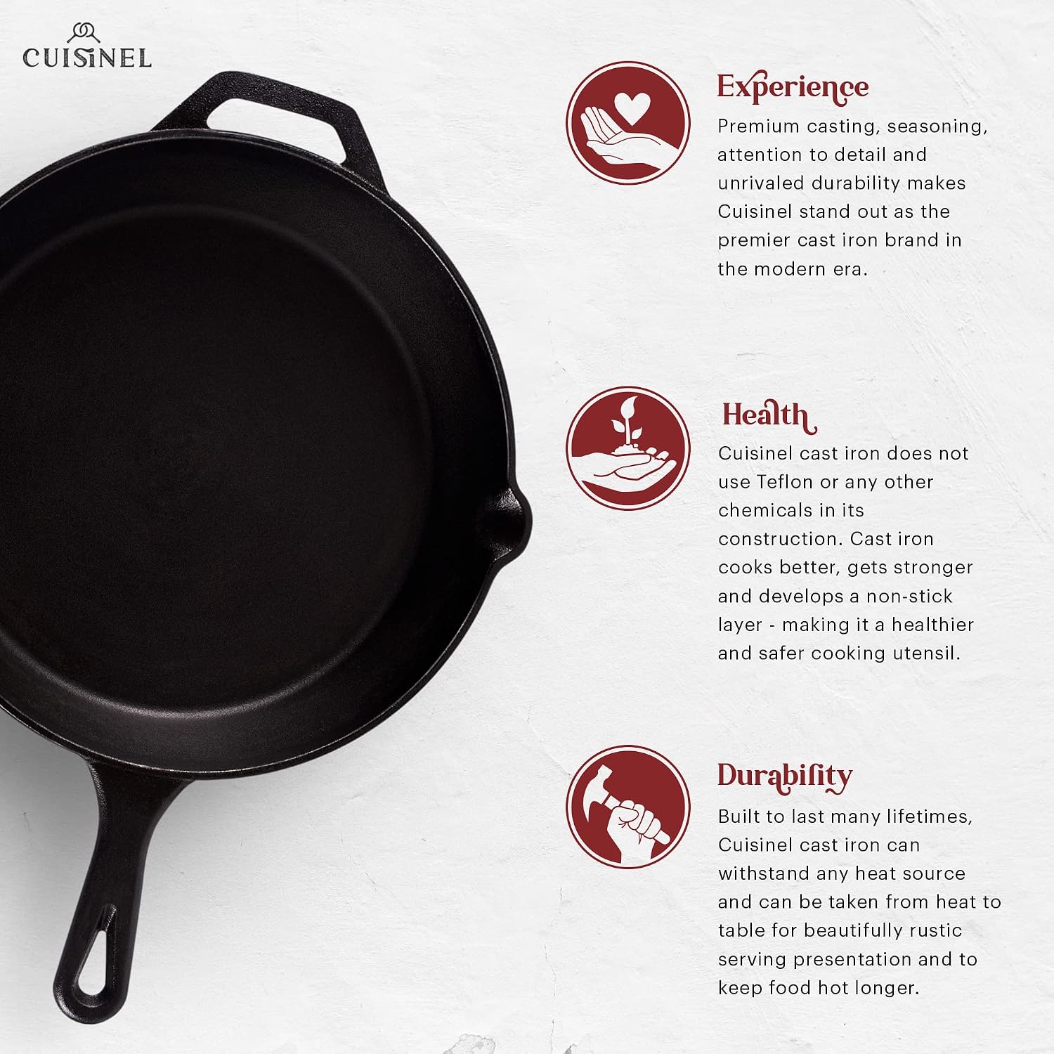 Cast Iron Skillet - 10"-Inch Frying Pan with Pour Spouts + Pan Scraper + Silicone Grip Handle Cover Holder - Pre-Seasoned Oven Cookware - Indoor/Outdoor Use - Stovetop, Induction. PFAS and PFOA-free