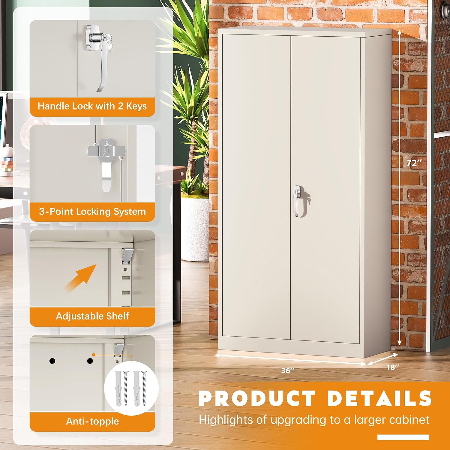 Greenvelly Steel SnapIt Storage Cabinet, 72" Locking Metal Garage Storage Cabinet with 4 Adjustable Shelves, 2 Doors and Lock for File, Office, Garage