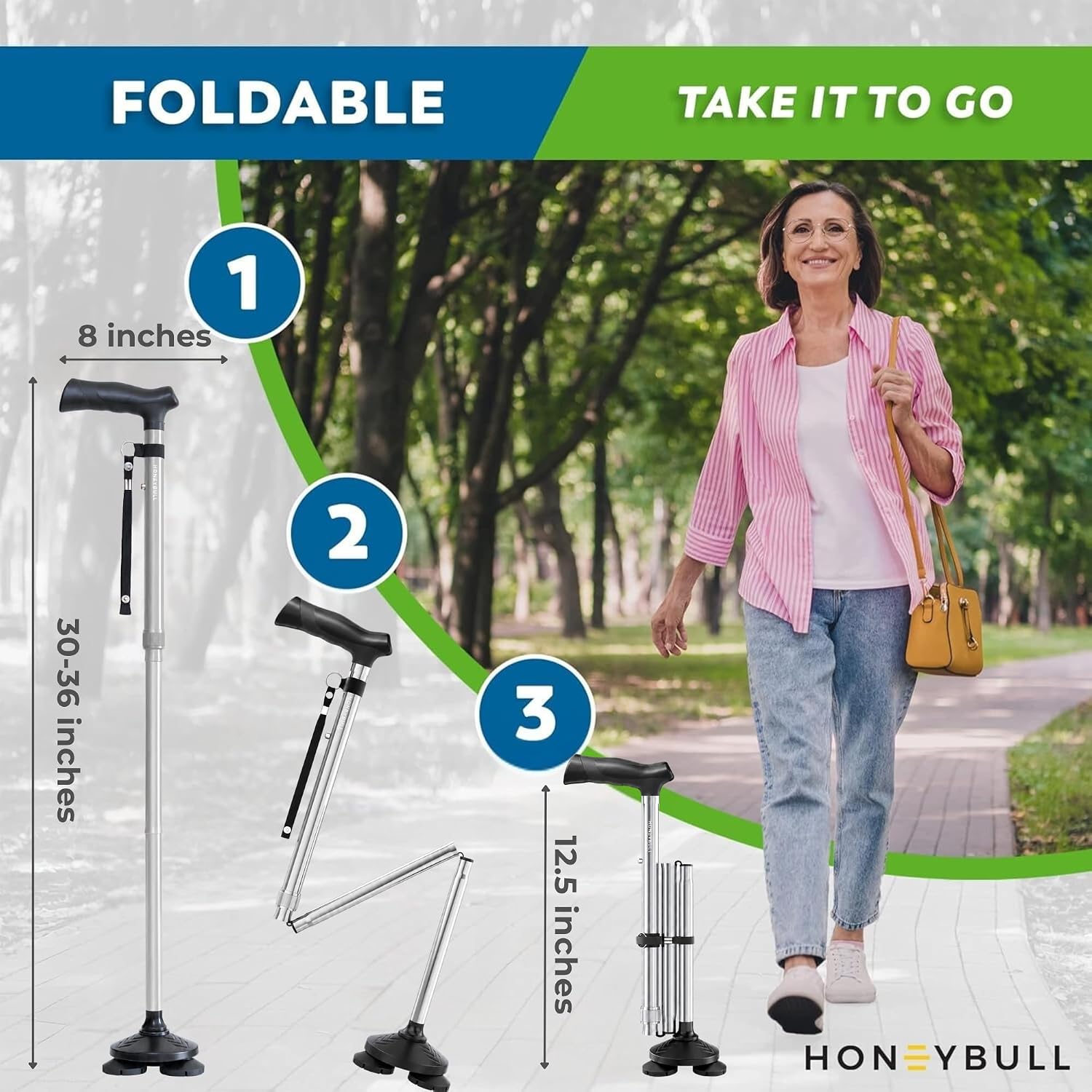 HONEYBULL Walking Cane for Men & Women, Foldable Free Standing Cane | Adjustable height, collapsible design, heavy-duty, pivot base for stable support, ergonomic handle