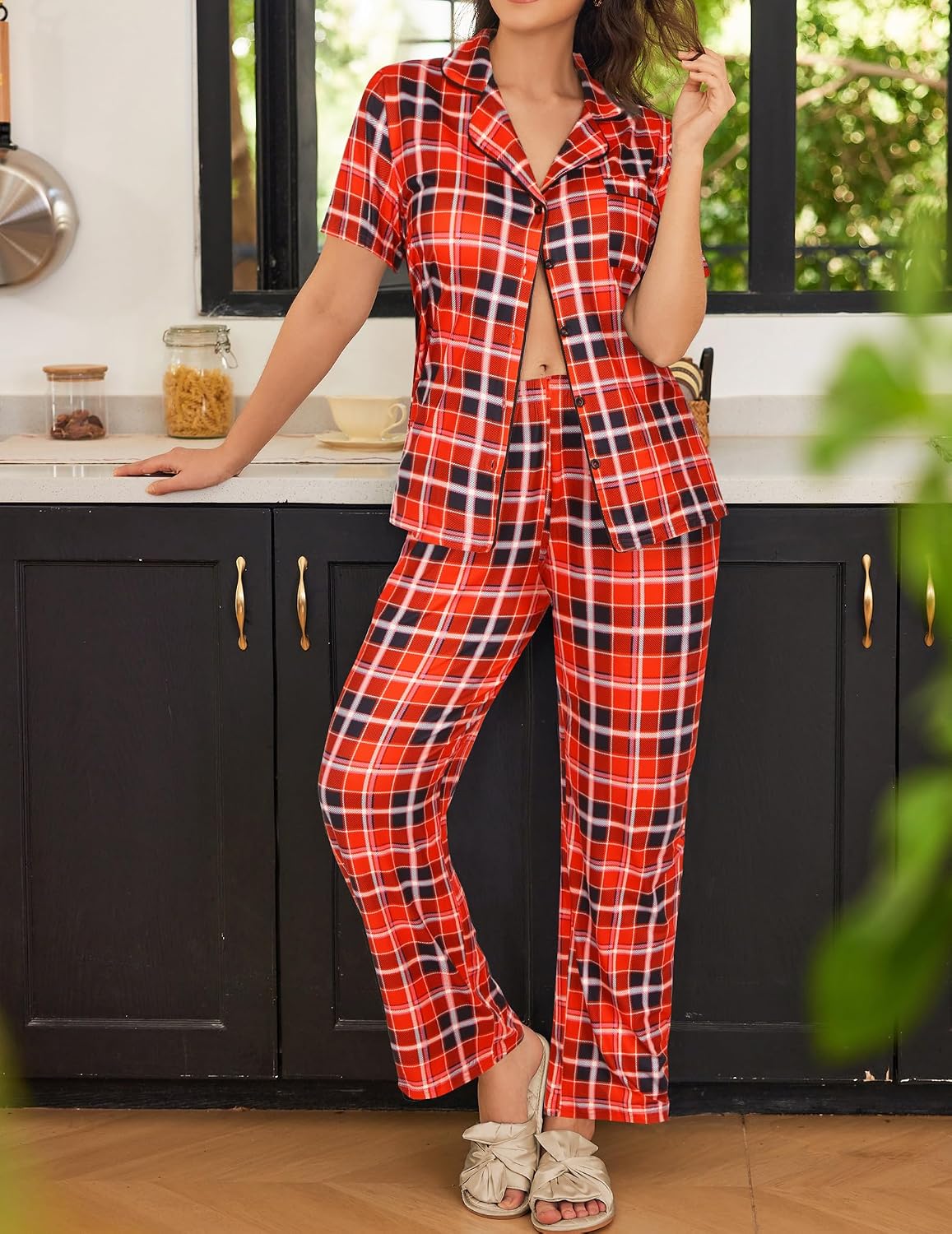Ekouaer Womens Pajamas Set Short Sleeve Button Down Top & Pants Lounge Pjs