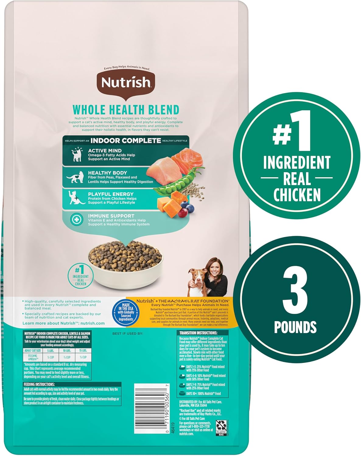 Nutrish Indoor Complete Dry Cat Food, 3 lb. Bag (Rachael Ray) | Chicken, Lentils & Salmon Recipe, Crafted for Adult Indoor Cats, Veterinarian Reviewed Formula