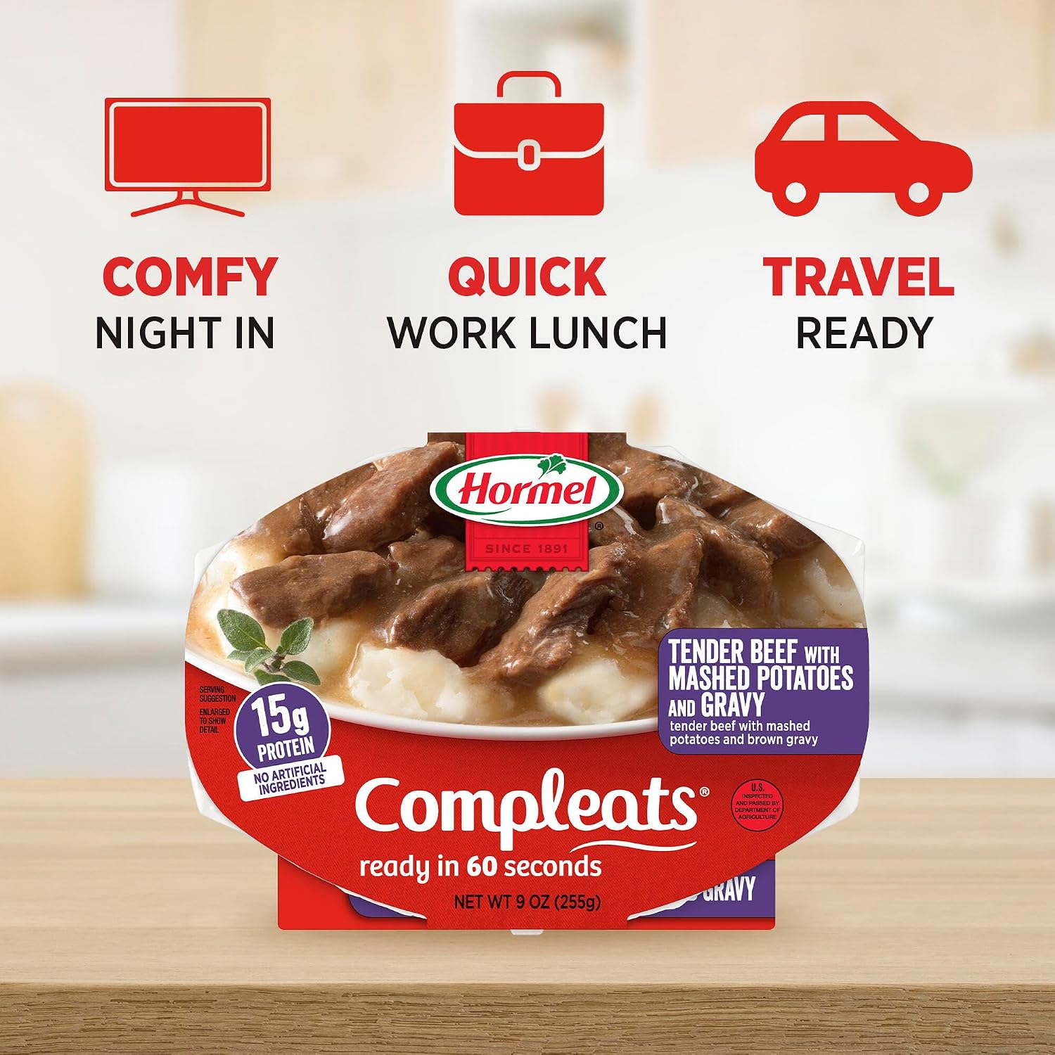 HORMEL COMPLEATS Tender Beef With Mashed Potatoes & Gravy Microwave Tray, 9 oz. (6 Pack) | Heat and Eat, Microwave Meals, Prepared Foods