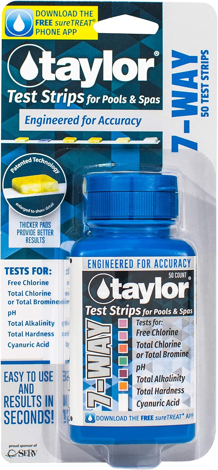 Taylor Technologies 7-Way Test Strips for Free Chlorine, Total Chlorine/Bromine, pH, Hardness, CYA (50 Test Strips) S-1335-12