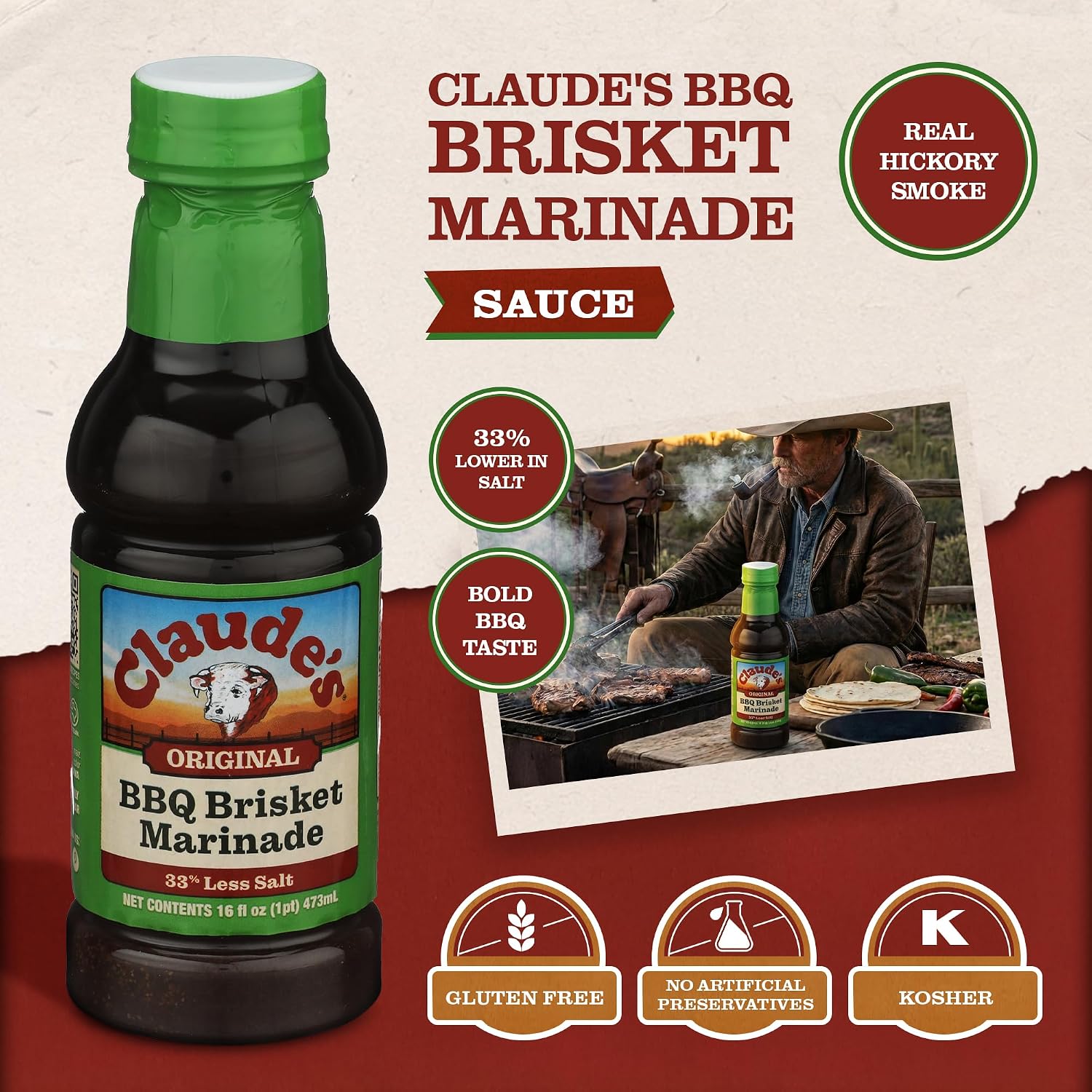Claude's BBQ Brisket Marinade Sauce, Gluten Free Texas Style, 128 oz | Restaurant-size gallon of smoky Texas tenderizing brisket marinade - all natural & gluten free.