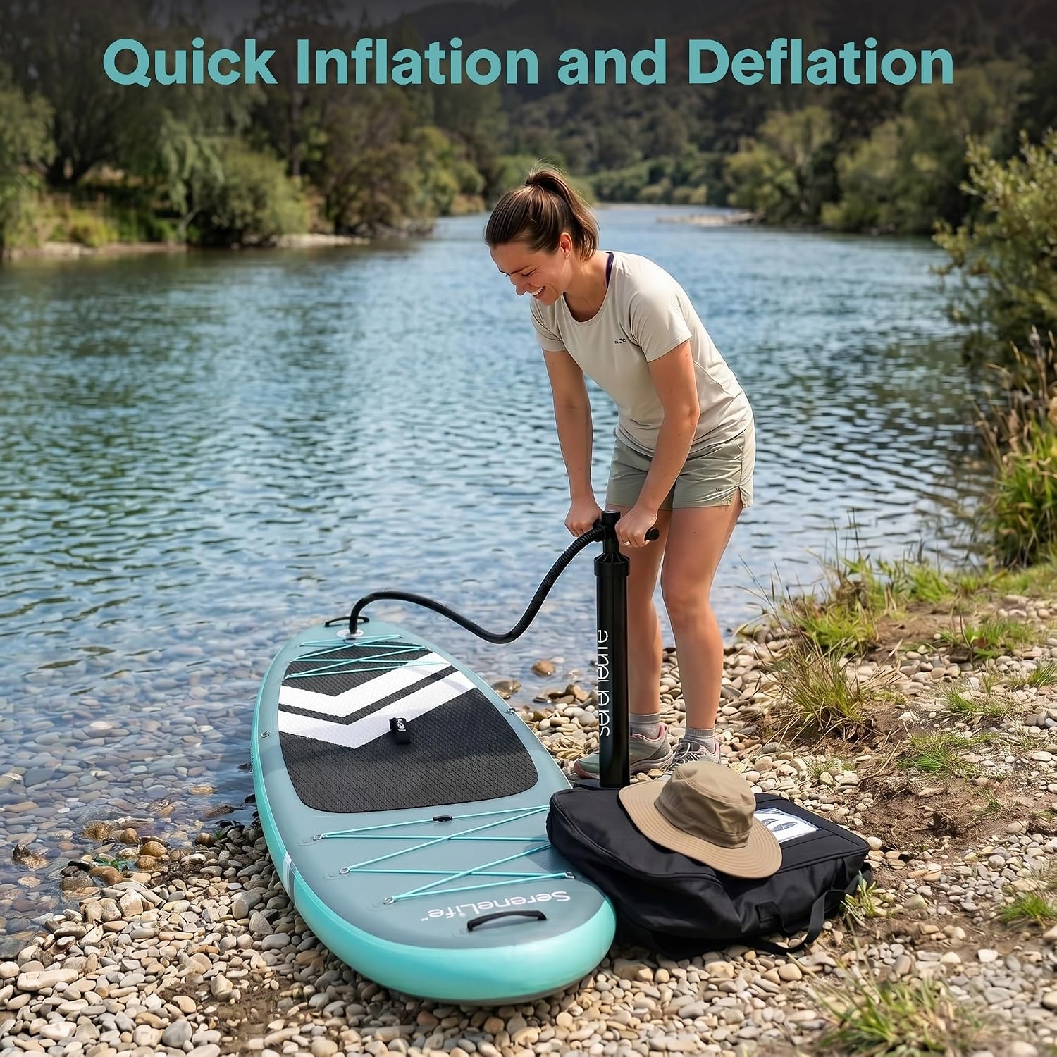 SereneLife 10’ Inflatable Stand Up Paddle Board with Premium SUP Accessories - Wide Stable Design with Non-Slip EVA Deck Pad, for Youth and Adults, 350 lbs. Capacity
