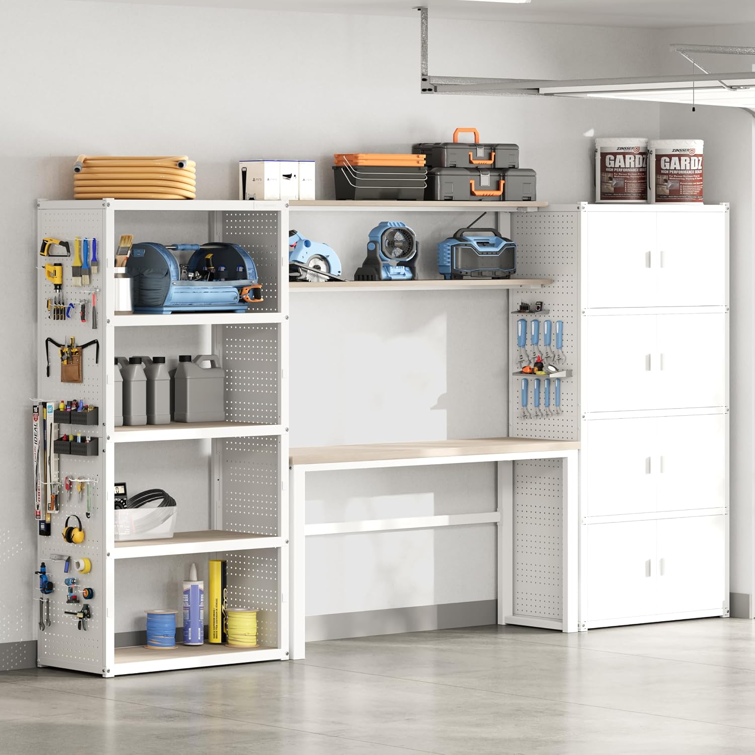 FLEXIMOUNTS 117"W Modular Garage Storage Cabinet with Workbench, Black | 6 Doors, 3700lbs capacity, Metal board shelf includes pegboard, 3-in-1 metal tool cabinet, 24-gauge steel, FLEXIMOD Series