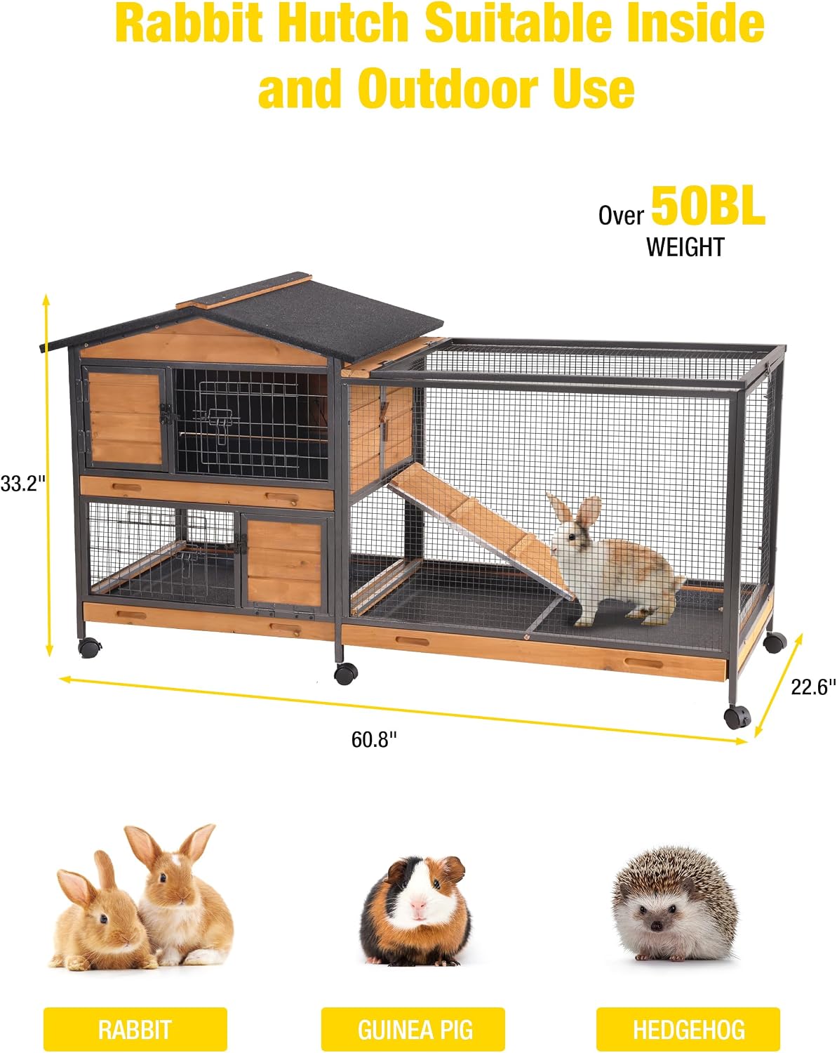 Aivituvin Rabbit Hutch, Indoor Bunny Cage with Run Outdoor Rabbit House with Two Deeper No Leak Trays - 4 Casters Include (Grey)
