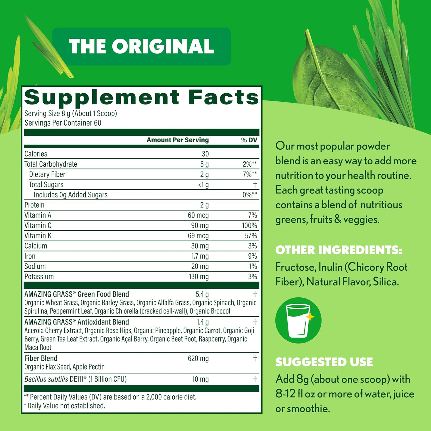 Amazing Grass Super Greens Powder Original, 60 Servings, 16.9 oz | Organic Greens Superfood Powder with Spirulina, Beet Root, Probiotics & Digestive Enzymes to Support Digestion