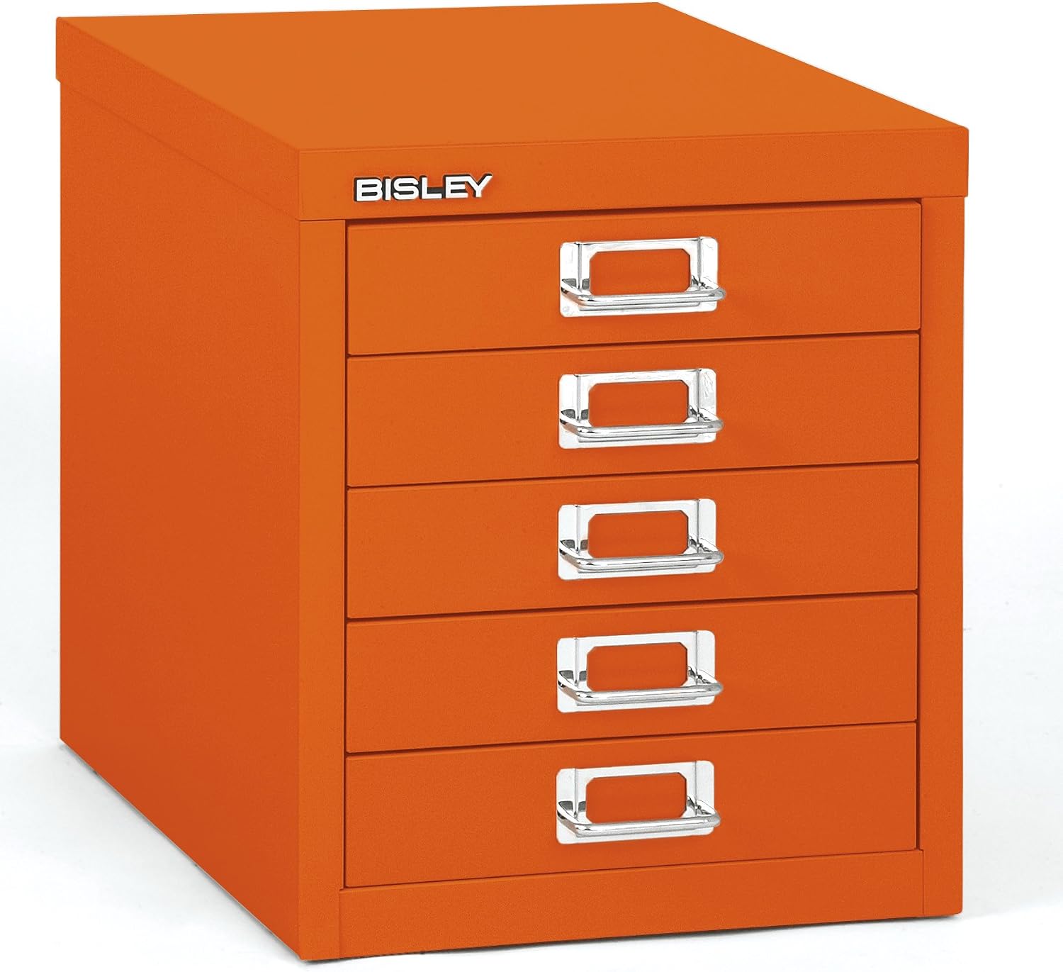 5-Drawer Steel MultiDrawer Cabinet - Orange, by Bisley | Chrome Pull Handles with Label Holders, Powder-Coated Steel, Removable Drawers, Desktop Storage, Labels Included
