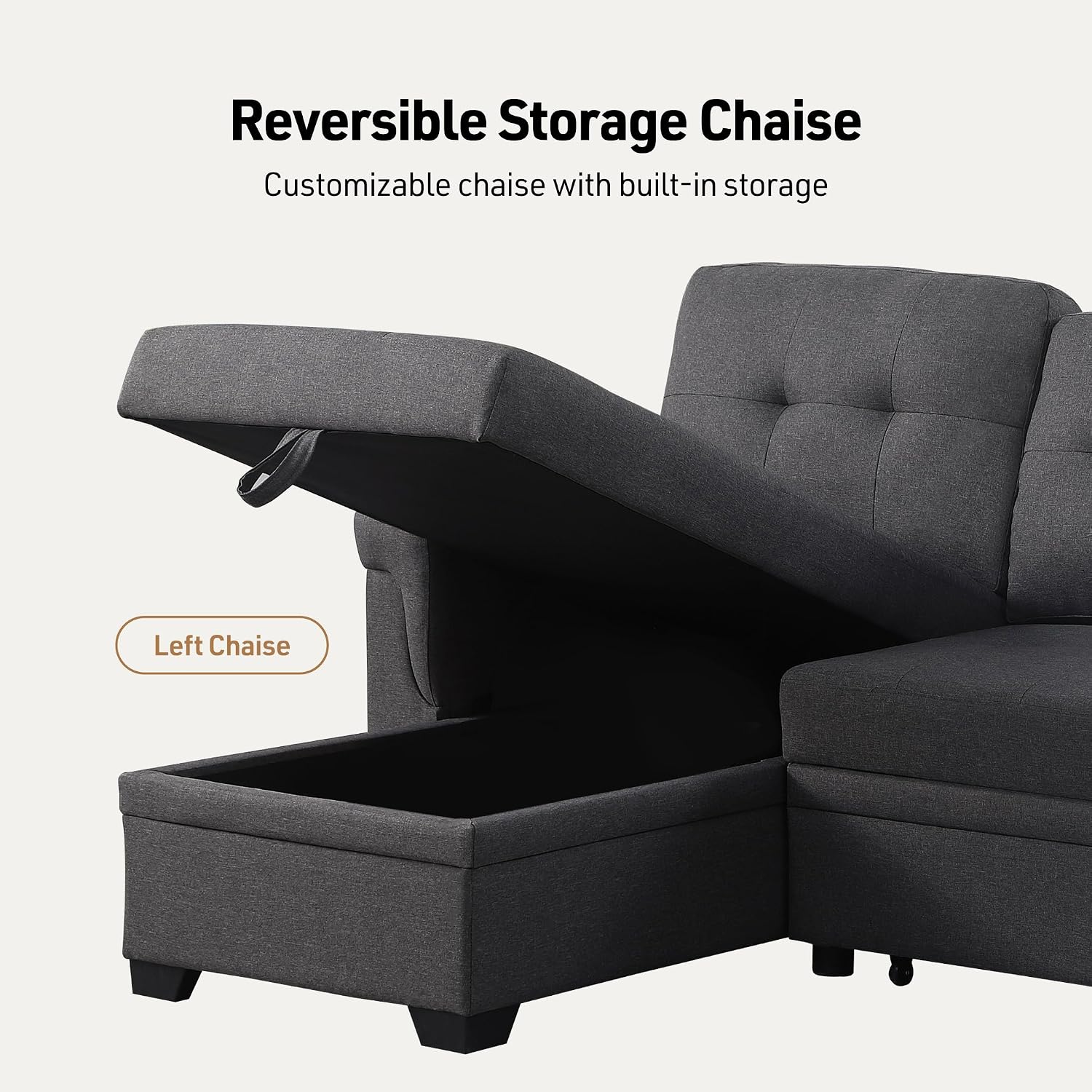 Lilola Home Convertible Sectional Sleeper Sofa Bed 84 Inch, L Shaped Couch with Pull Out Bed, Storage Chaise, Removable Back Cushions for Living Room, Office, Linen Fabric, Dark Gray