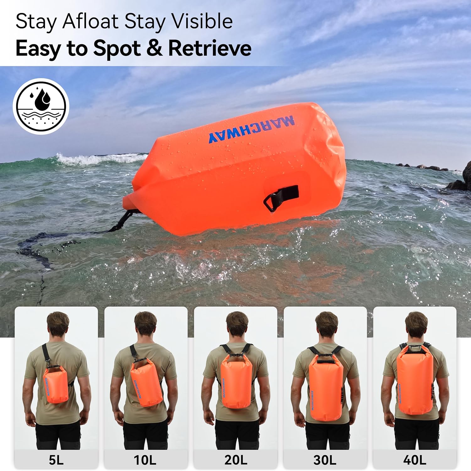 MARCHWAY Floating Waterproof Dry Bag Backpack 5L/10L/20L/30L/40L, Roll Top Sack Keeps Gear Dry for Kayaking, Rafting, Boating, Swimming, Camping, Hiking, Beach, Fishing