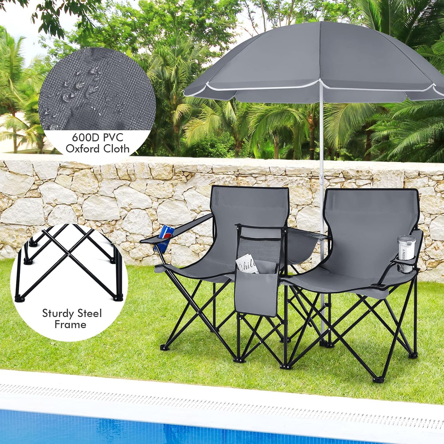 COSTWAY Double Portable Picnic Chairs, Folding Camping Chairs w/Detachable Umbrella, Cooler Bag, Cup Holders, Patio Beach Camping Chairs for Outdoors, Blue | Detachable Umbrella, Cooler Bag, Cup Holders, Patio Beach Camping Chairs for Outdoors, Blue