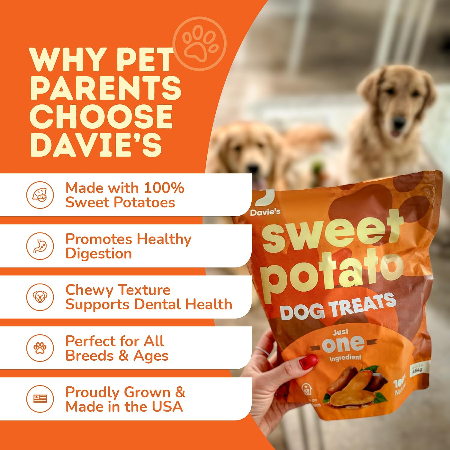 Davie's Sweet Potato Dog Treats - Natural Dog Chews, 1 lb.