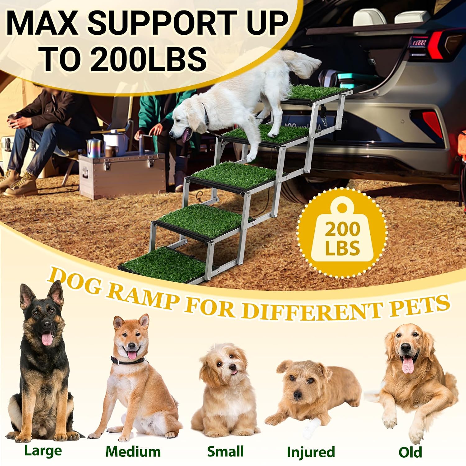 Foldable Dog Stairs for Car,17" Extra Wide Pet Ramp for Large Dog,6 Steps | 17" Extra Wide 200LBS Capacity Lightweight Portable Reinforced Pet Ramp for SUV Truck High Bed