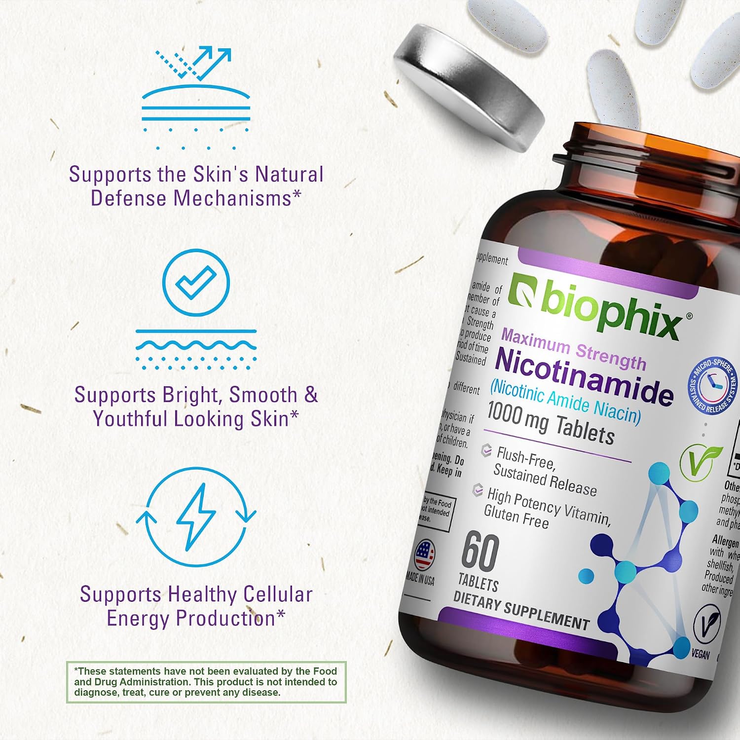 biophix B-3 Nicotinamide 1000 mg 60 Tablets Extra Strength Timed Release - Nicotinic Amide Niacin Natural Flush-Free Vitamin Formula - Supports Skin