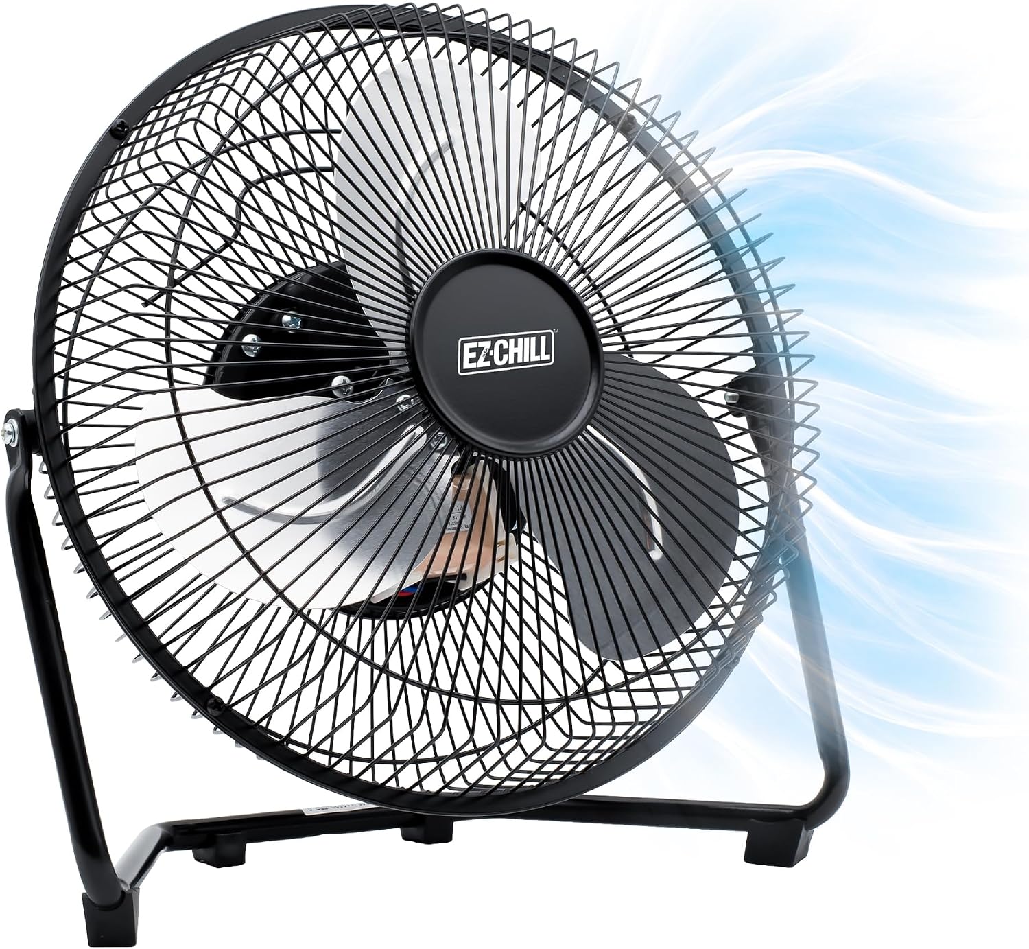 EZ-CHILL 12” Cradle Floor Fan, 3 Speed, High Velocity, 180 Degree Adjustable Tilt, All-Metal, Carry Handle, Rubber Feet, Airflow 15.42 ft/sec, Ideal for Home, Bedroom & Office, Black